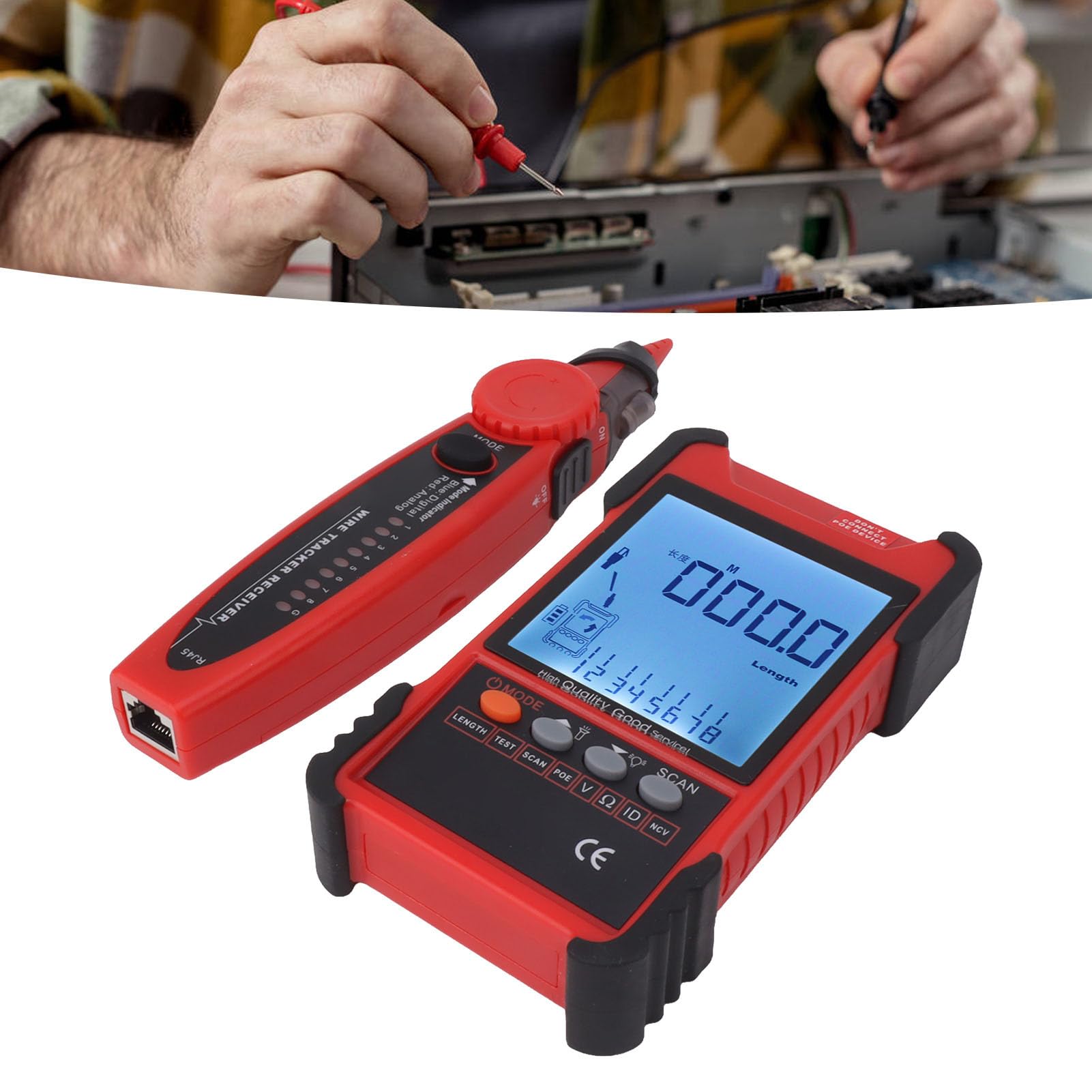 ET616 Netzwerkkabeltester-Multimeter mit LCD-Display Zum Testen und Warten von Ethernet-Kabeln. Praktisches 2-in-1-Design (Rot)