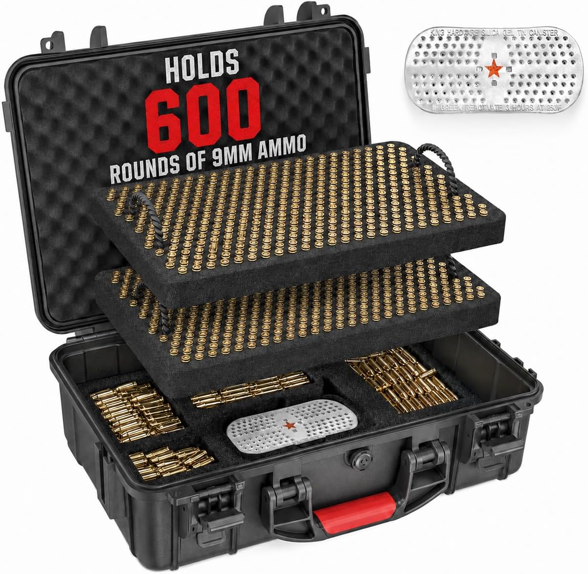 9mm Ammo Case, IP67 Waterproof Hard Ammo Box with Dual Trays for 9x19mm Parabellum, 9mm Luger, .40 S&W, .380 ACP and .38 SPL