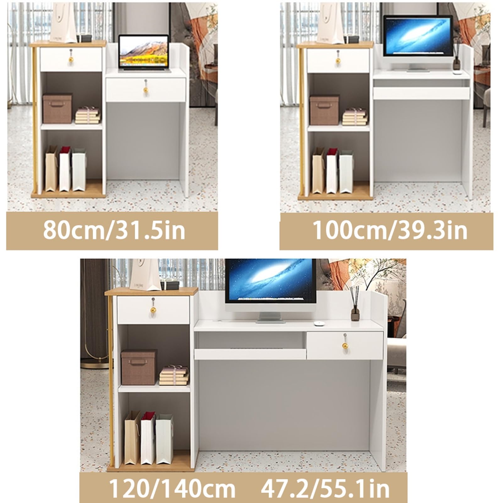 Comptoir de Réception, Comptoir D'accueil, Table de Réception avec Grand Rangement, Comptoir de Caisse Spacieux, Comptoir de Caisse, Parfait Pour Les Espaces de Réception de Bureau(Apricot,120c
