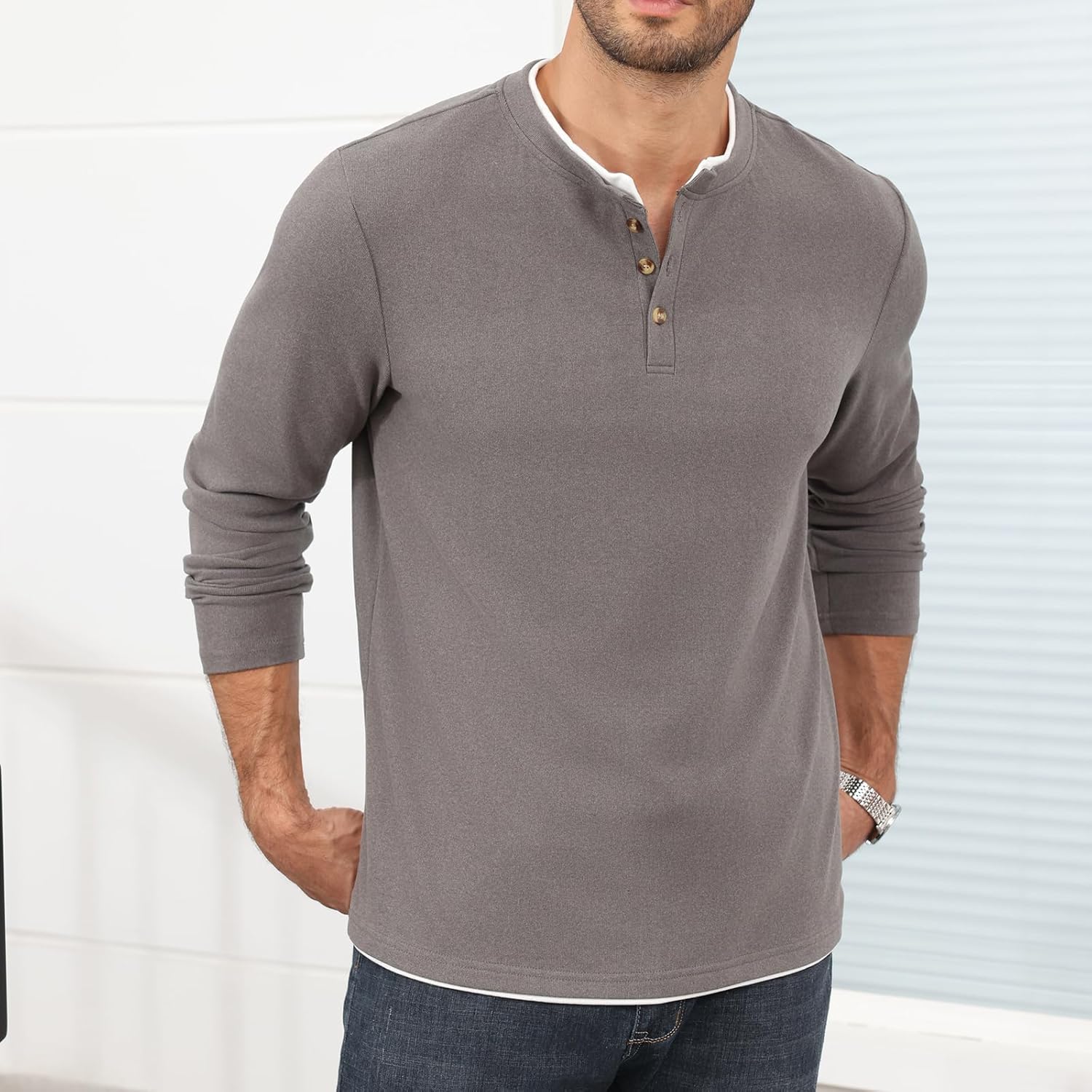 Uni Clau Men's Henley Shirts Classic Button T-Shirt Long Sleeve Casual Thermal Pullover Shirt - Image 5