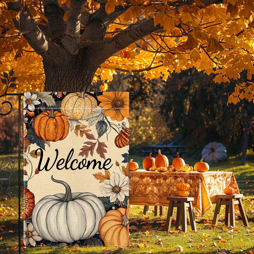 Fall Pumpkin Welcome Garden Flag for Outside 12x18 Inch Double Sided Burlap Autumn Thanksgiving Leaves Flowers Farmhouse Holiday Rustic Outdoor Yard Flag Home Decorations - Image 6