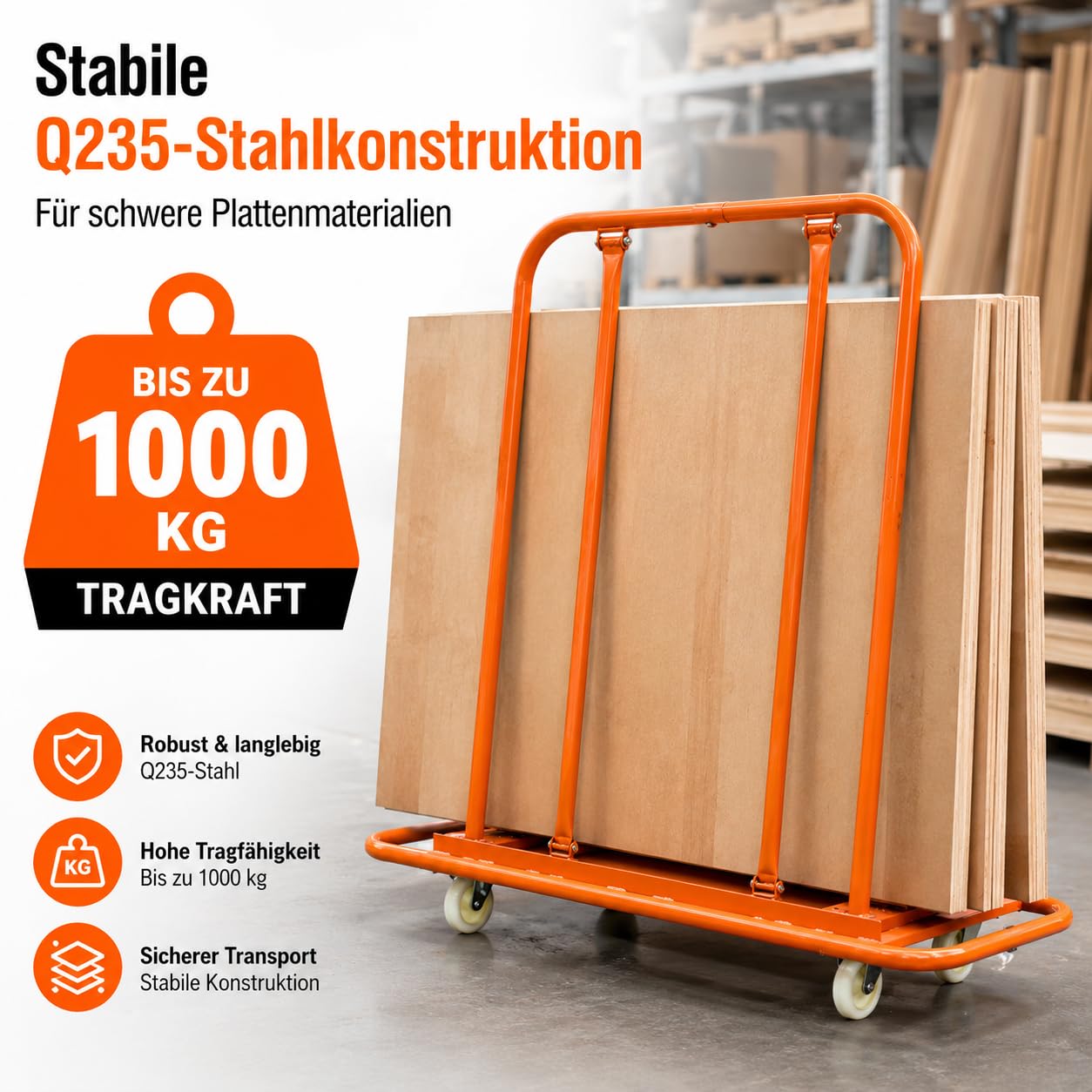 Wózek transportowy z 4 kółkami skrętnymi i hamulcami, wózek ze stali z pochyloną nakładką, pas mocujący, do suchej zabudowy, warsztatu, magazynu i placu budowy