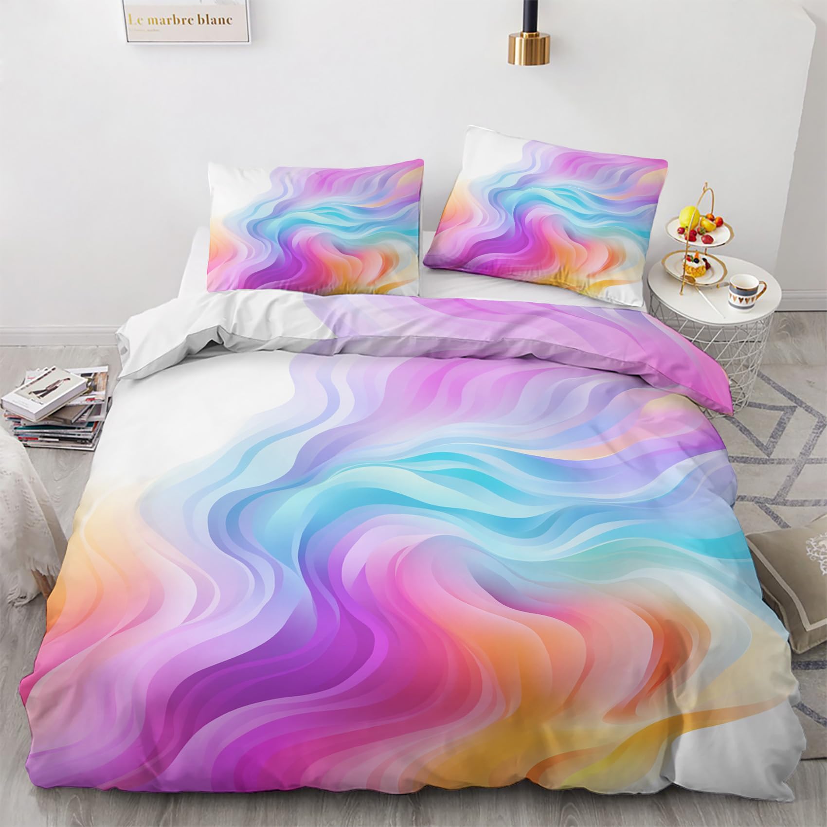 Abstract Bedding Double - Colorful Double Duvet Set - Reversible Quilt Cover & 2 Pillowcases with Zipper and Ties, Ultra Soft and Non Iron Brushed Microfibre Bed Set H-&3-105