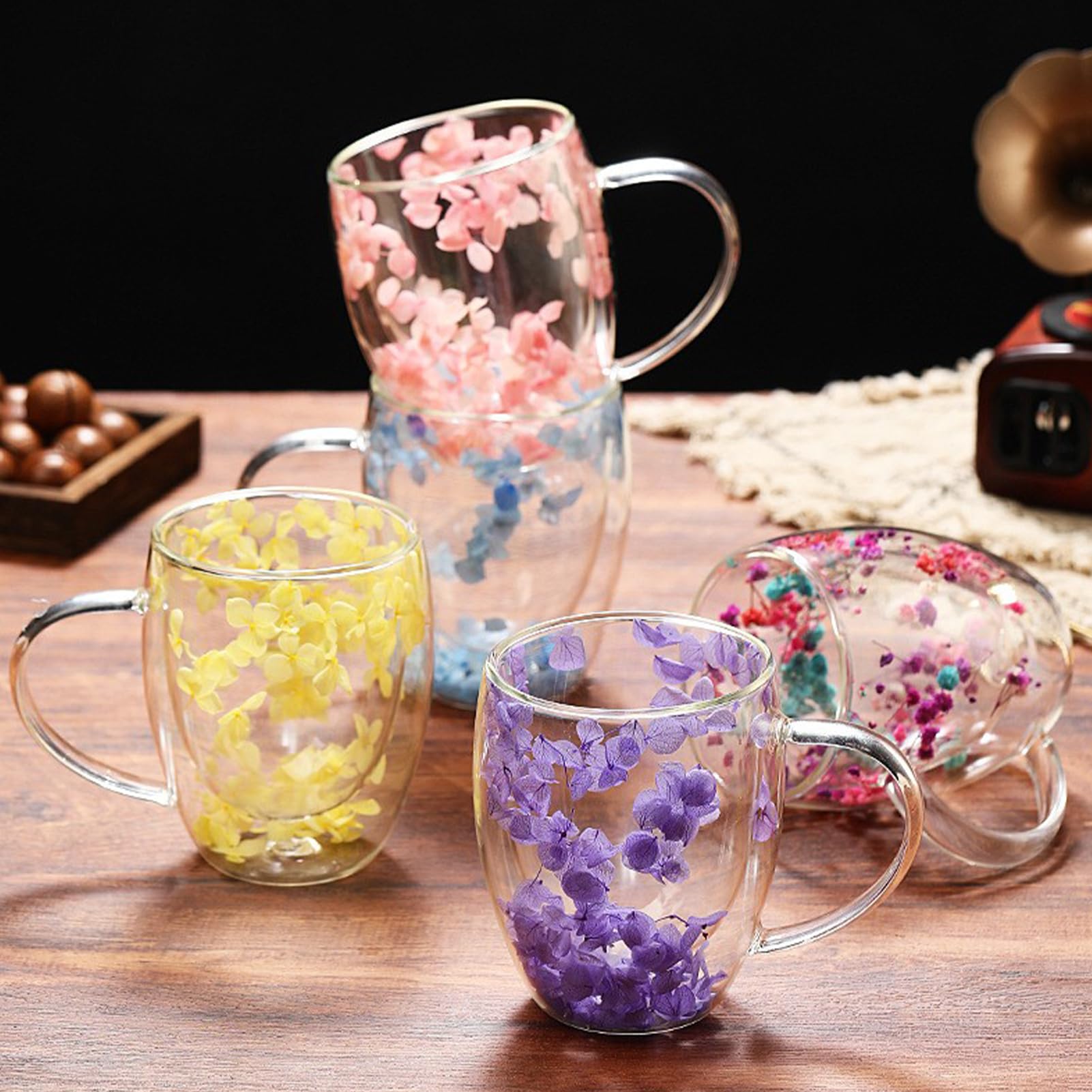 Doppelwandige Kaffeetasse aus Glas mit Henkel, Doppelschichtige Tasse mit Getrockneten Blumen, Tassen für Cappuccino, Kaffee, Tee, Milch, Isolierte, Hitzebeständige Glastasse Küche, Haushalt & Wohnen