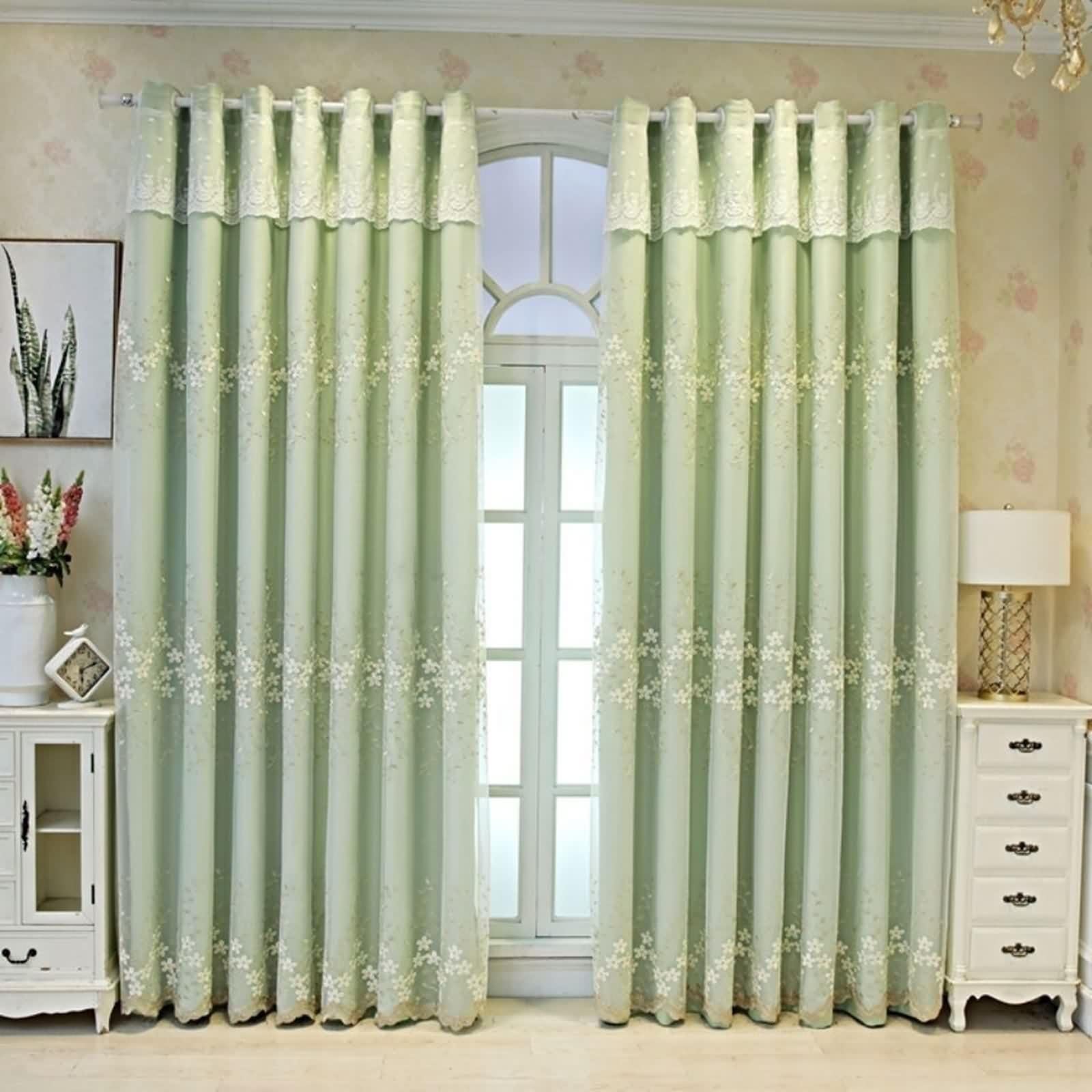 Rideau Fenetre Vert, Occultant Rideaux Fenetre Chambre Lot de 2 Tissu Broderie en Dentelle Double Couche LxH 132x274cm