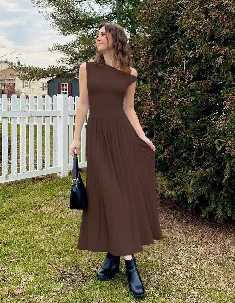 ZESICA Women's Summer 2026 Sleeveless Maxi Dress One Shoulder Casual Slim Swing Pleated Formal Dresses with Pockets - Image 6