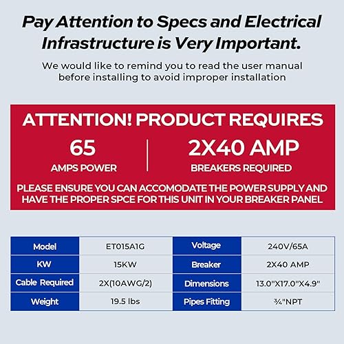 Miniatura 9 de FOGATTI Calentador de agua eléctrico sin tanque, calentador de agua caliente de 15 kW 240 voltios, función de autoajuste, agua caliente de 2 a 3