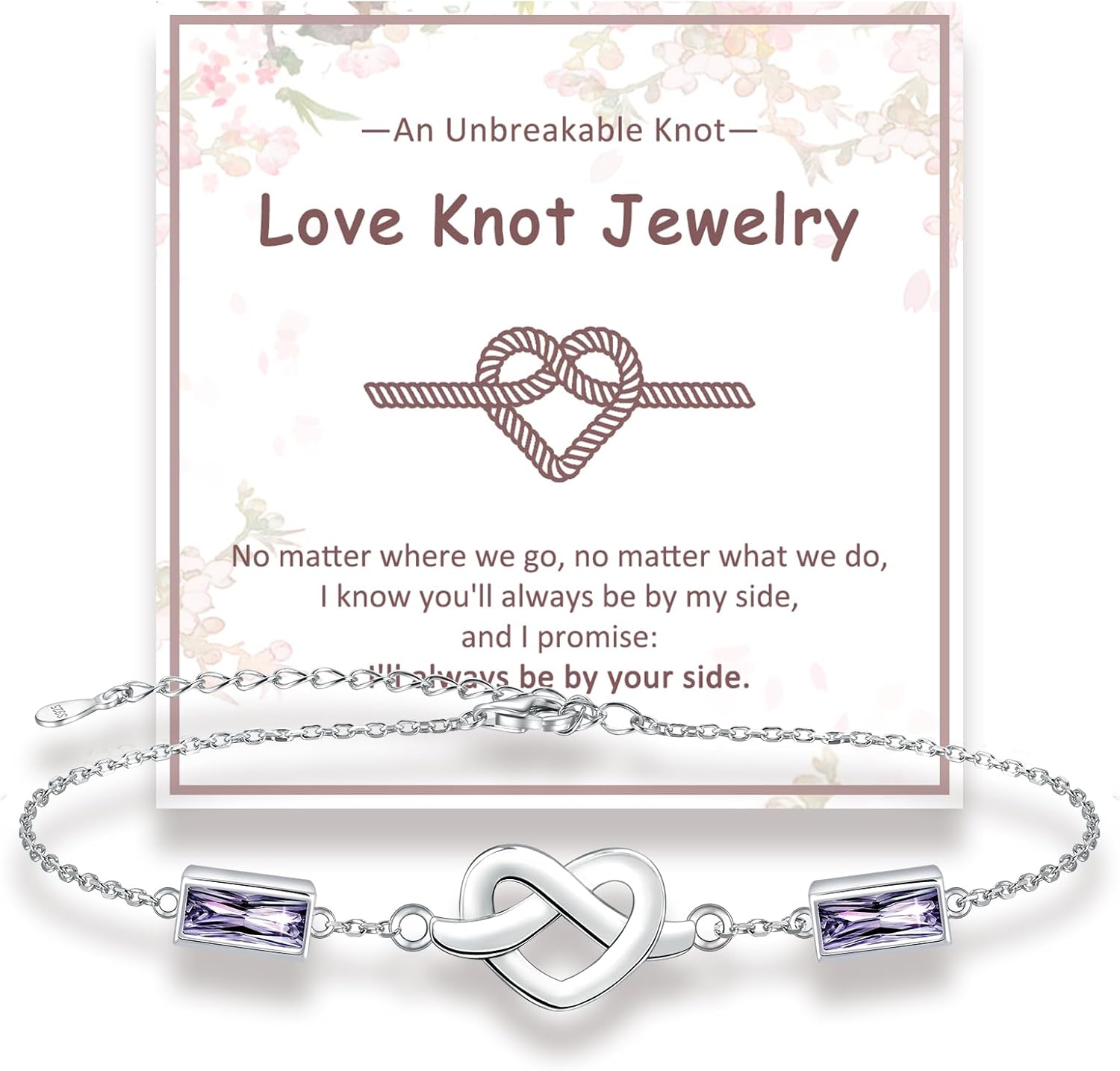 Love Knot Birthstone Bracelet for Women: 925 Sterling Silver Double Birthstone Bracelets Heart Knot Adjustable Link for Mother Wife Christmas Birthday Mother's Day Jewelry Gifts