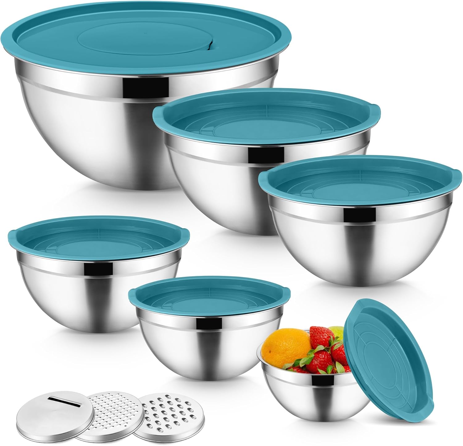 Mixing Bowls with Lids Set of 9, Vesteel Stainless Steel Mixing Bowls Metal Nesting Salad Bowls Attach with 3 Graters for Kitchen Grating/Shredding, Size 4.6, 2.6, 2, 1.5, 1, 0.7 QT - Blue