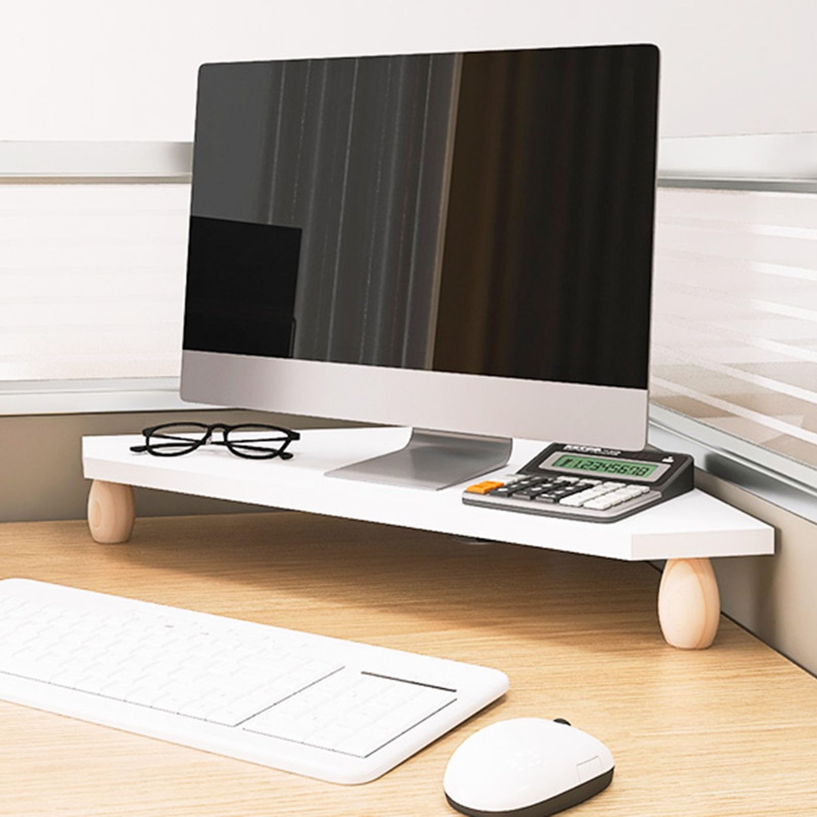 Biały, drewniany, narożny stojak pod monitor, trójkątny, ergonomiczny stojak pod monitor komputerowy, solidna półka biurowa do przechowywania na biurku, do ekspozycji/notebooka/kom