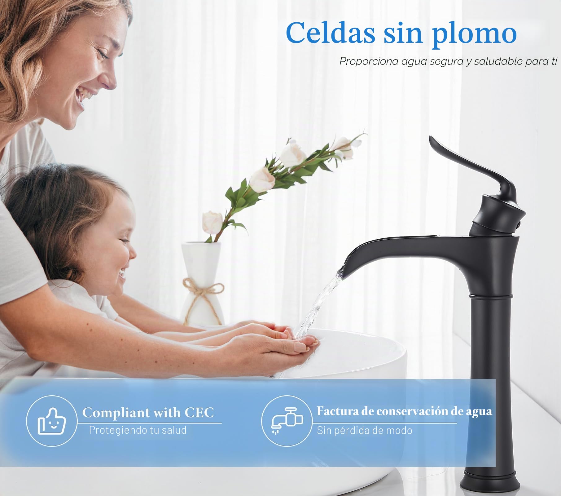 Grifo mezclador de lavabo de altura alta, grifos de baño negros altos, mezclador de pie de cascada de latón para fregadero de baño, cuenco de 1 agujero
