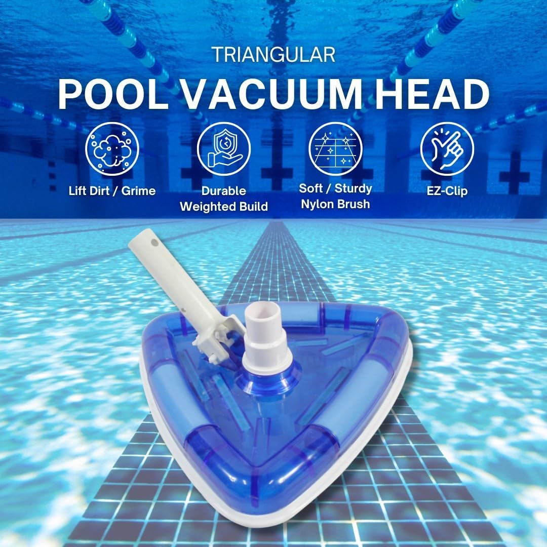 Deluxe Pool Vacuum for Above Ground Pool and Inground Pools, Weighted Triangle Shaped Pool Vacuum Head, with Swiveling Hose Cuff and Bottom Brushes, Transparent Blue Body