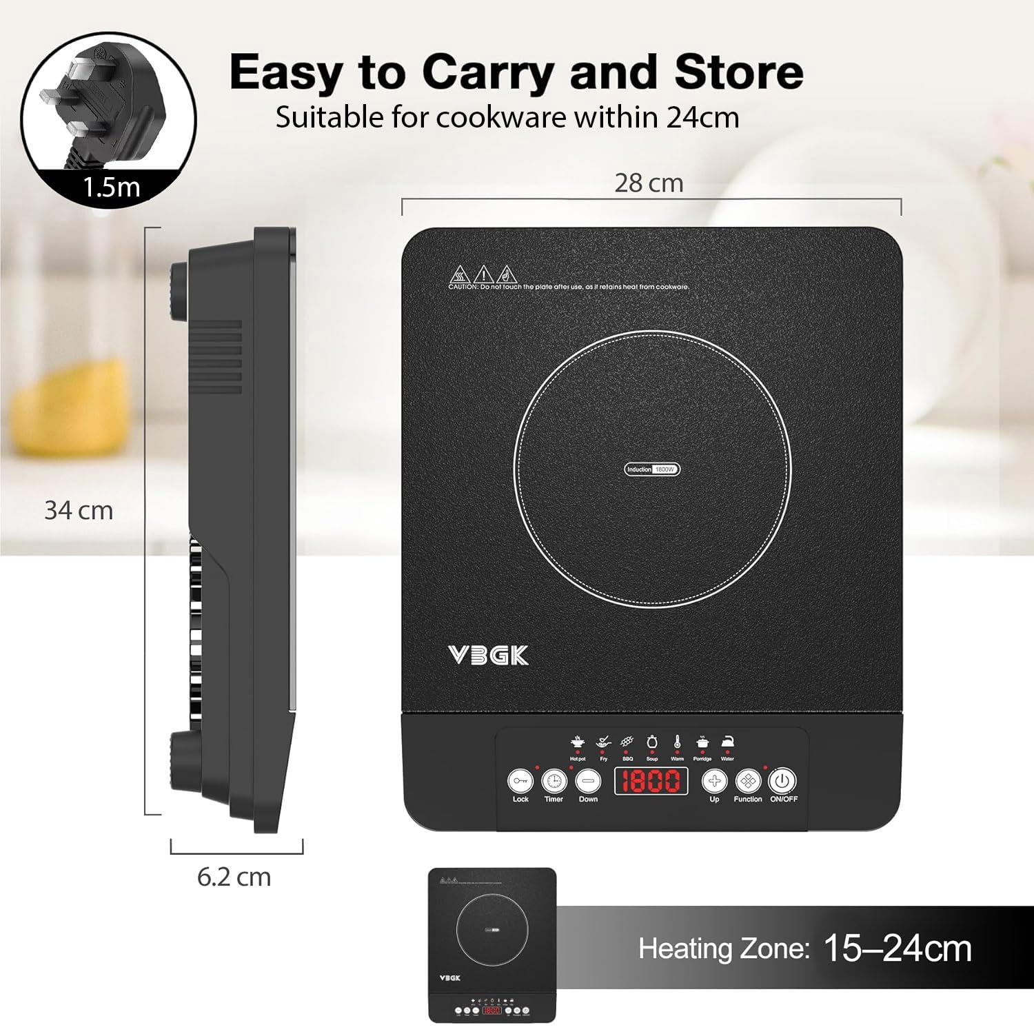 Cocina de inducción de un solo quemador, Cocina de inducción portátil de 1800 W, Placa caliente de 110 V con sensor LCD táctil, 7 niveles de temperatura de hasta 518 °F, bloqueo de seguridad 9