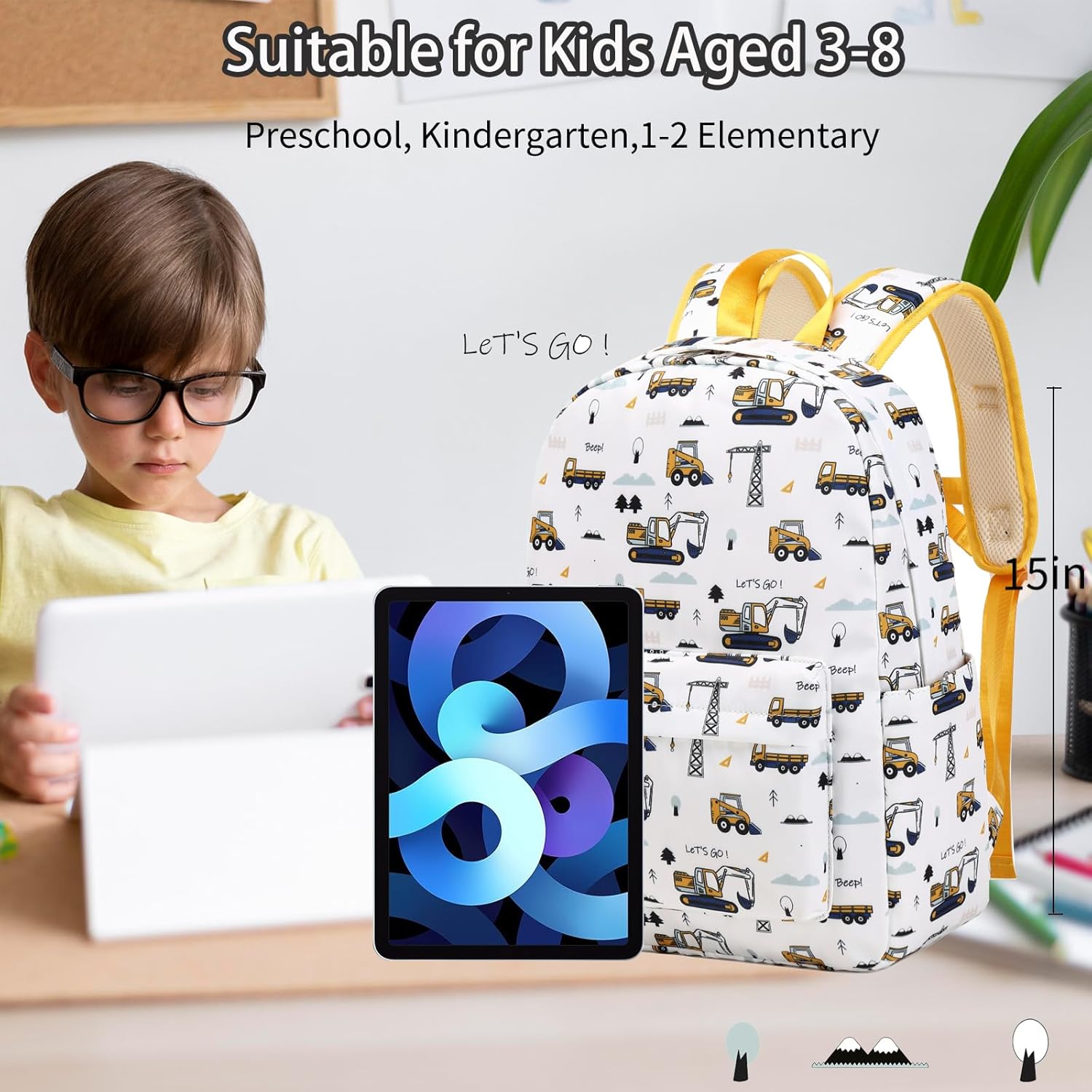 Excavator Backpack for Boys Preschool Backpack Toddler Boy Tractor Bookbag Small Chest Strap, Children Preschool Kindergarten Backpack - White Excavator