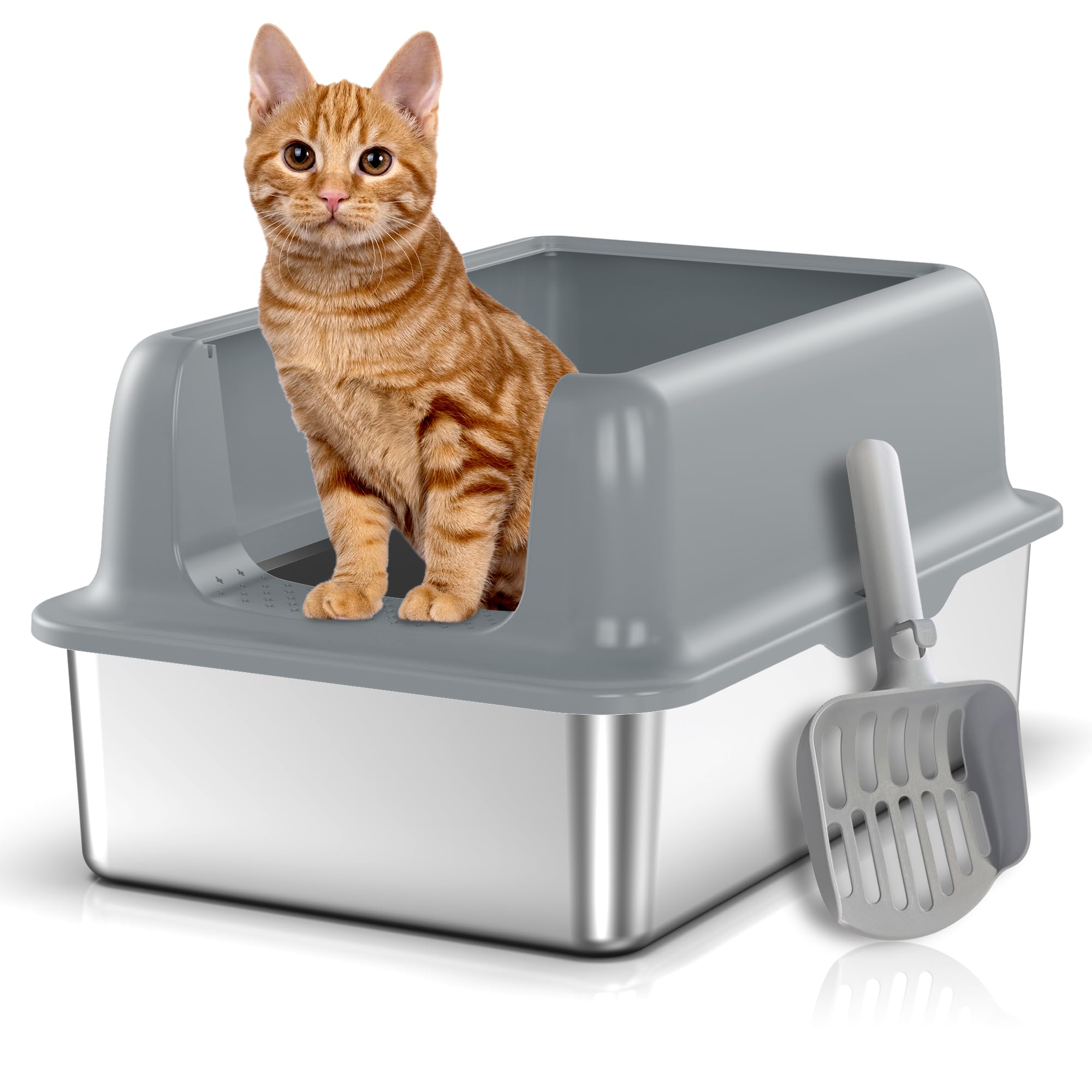 Enclosed Stainless Steel Cat Litter Box, XL Large Metal Litter Box High Sided, Never Absorbs Odors, Anti-Urine Leakage, Easy Cleaning