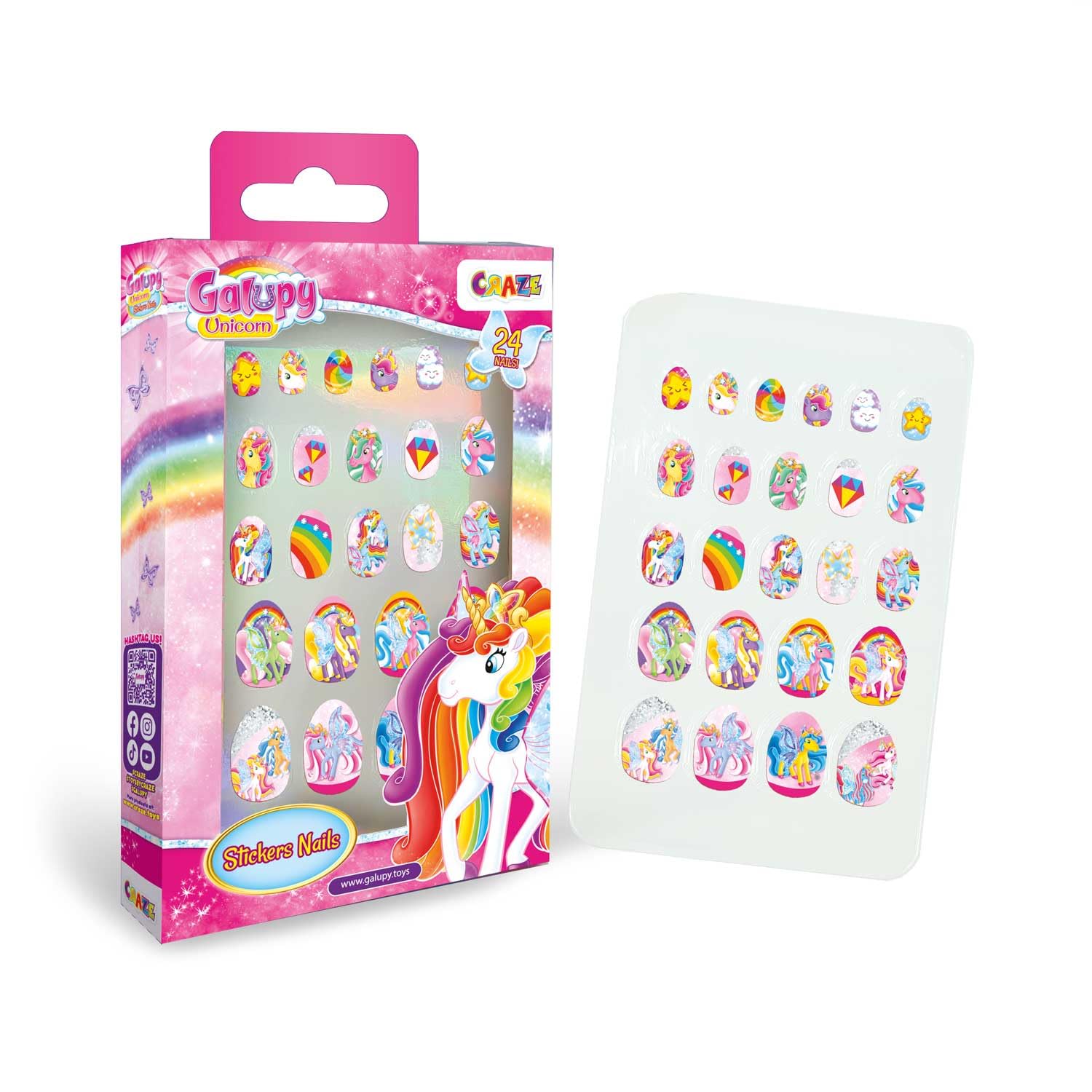 CRAZE Galupy Unicorn Sticker Nails – 24 Self-Adhesive Fake Nails for Girls with Glitter & Gem Effects, Press On Nails Set for Children