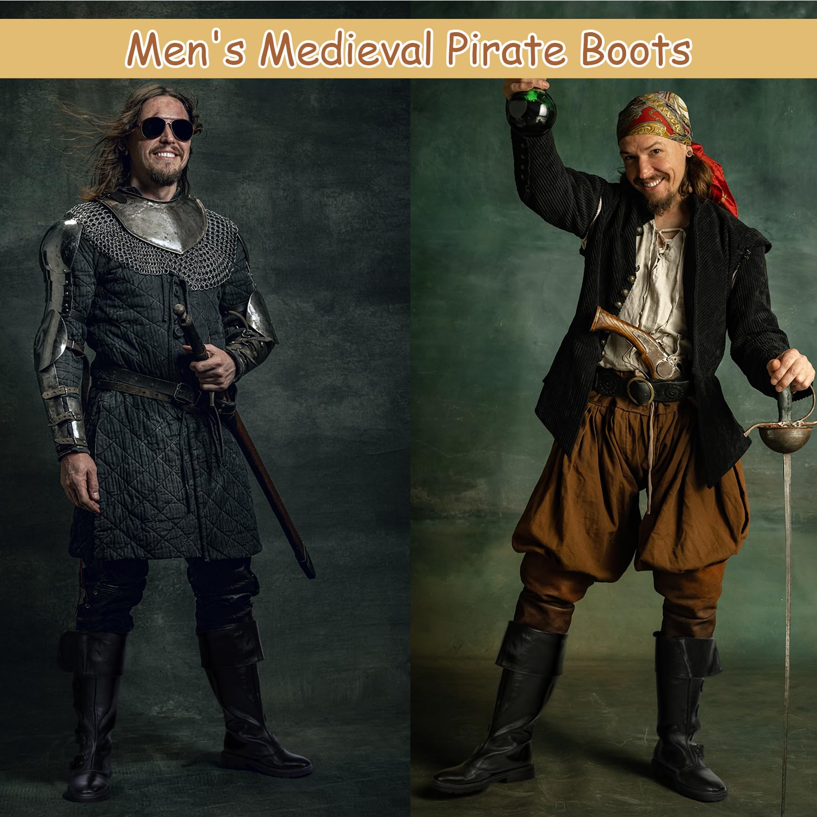 Jiuguva Mittelalter Piraten Stiefel Herren Renaissance Kostüm Stiefel High Tube Steampunk Schuhe Halloween Cosplay Kostüm Zubehör