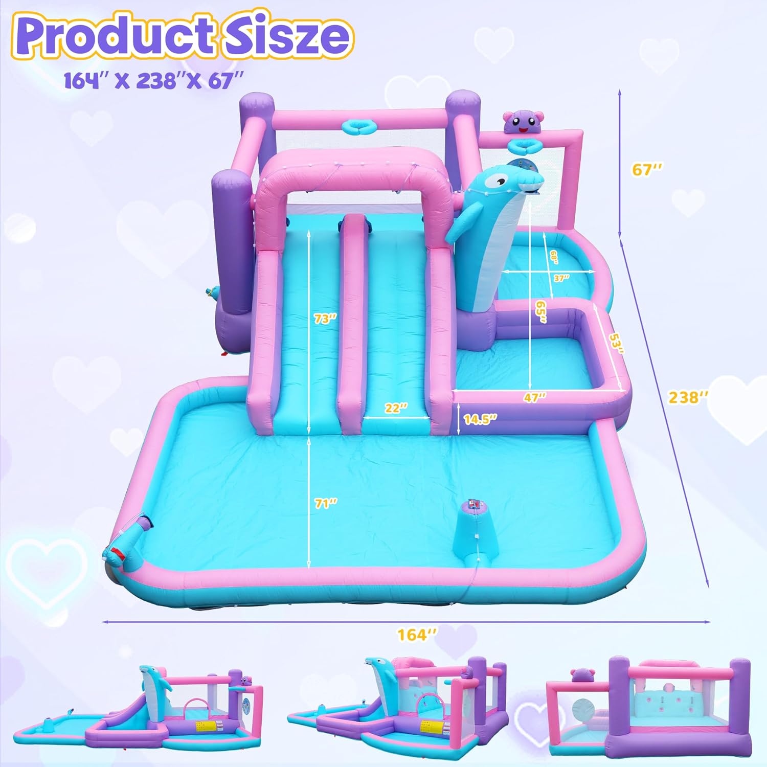 Inflatable Water Park Double Slide Bouncy House with Splash Pool, Water Gun, Basketball, Climbing Wall, Dual Pools for Outdoor Party, Ages 3-12