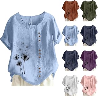 Camisas de lino para mujer, manga corta, diseño floral, cuello redondo, blusas elegantes, para el tiempo libre, blusa de lino, suelta, básica, con botones, blusa de verano de gran tamaño