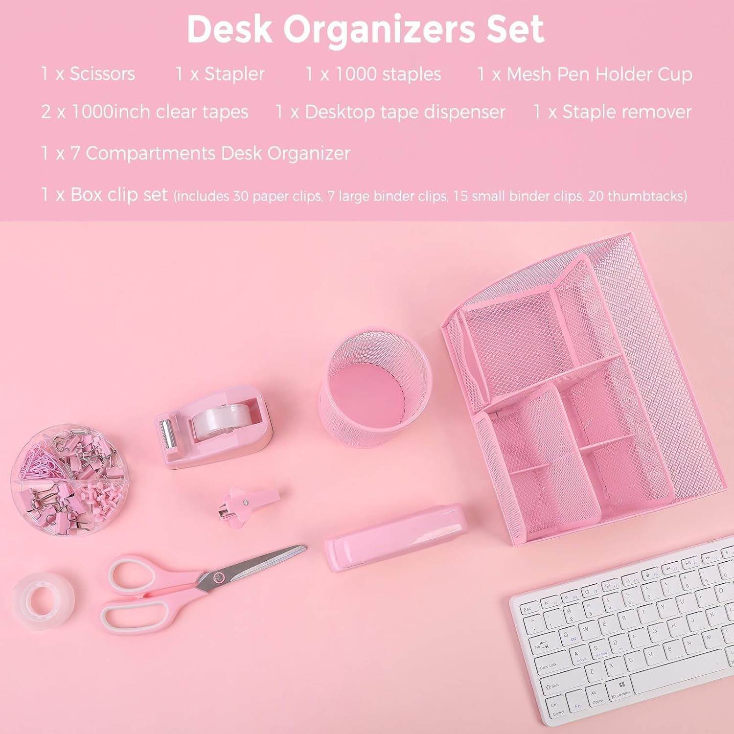 SKYDUE Pink Desk Accessories, Pink Office Supplies Set, Mesh Desk Organizer, Stapler, Tape Dispenser, Scissors, Binder/Paper Clips and 1000pcs Staples,Desk Organizer for Women