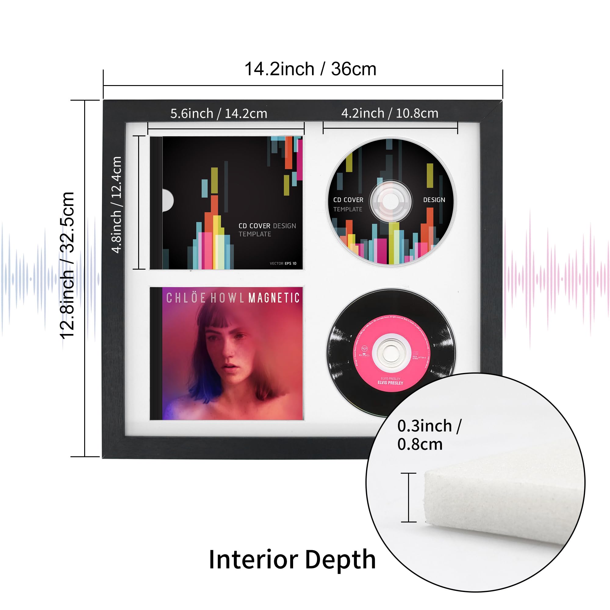 FramePro Cornice Doppio Display CD 36,1 cm x 32,5 cm, Supporto per Dischi Vinile Firmato con Vetro Reale, Decorazione Musicale da Parete, Bianco Opaco
