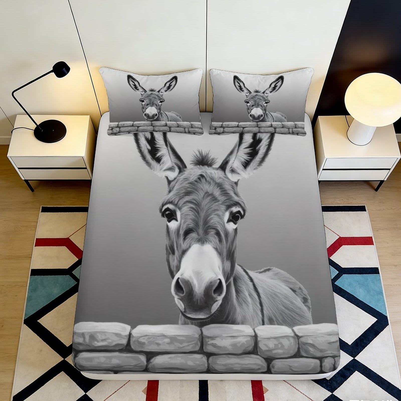 3D Printed Donkey Portrait Fitted Sheet Microfiber Soft Grey Animal Theme Bed Cover for Bedroom Dorm Mattress Protection Decor 90x200x25cm