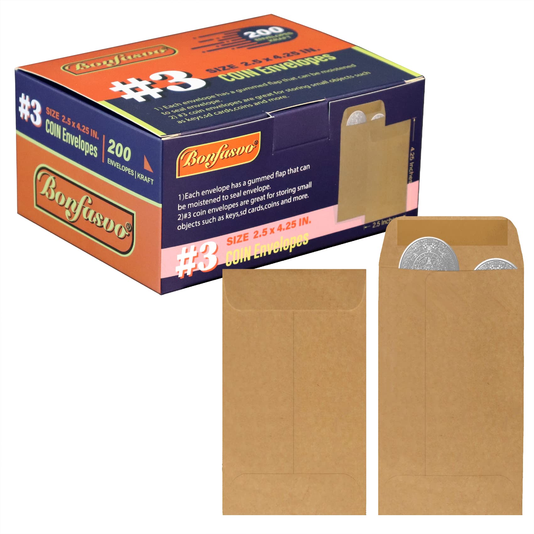 200 Pack #3 Kraft coin envelope 2.5 x 4.25 inches Kraft Envelopes Classic Small Parts Envelopes with Self Adhesive Gummed Flap for Coins Cash Credit Cards Seeds