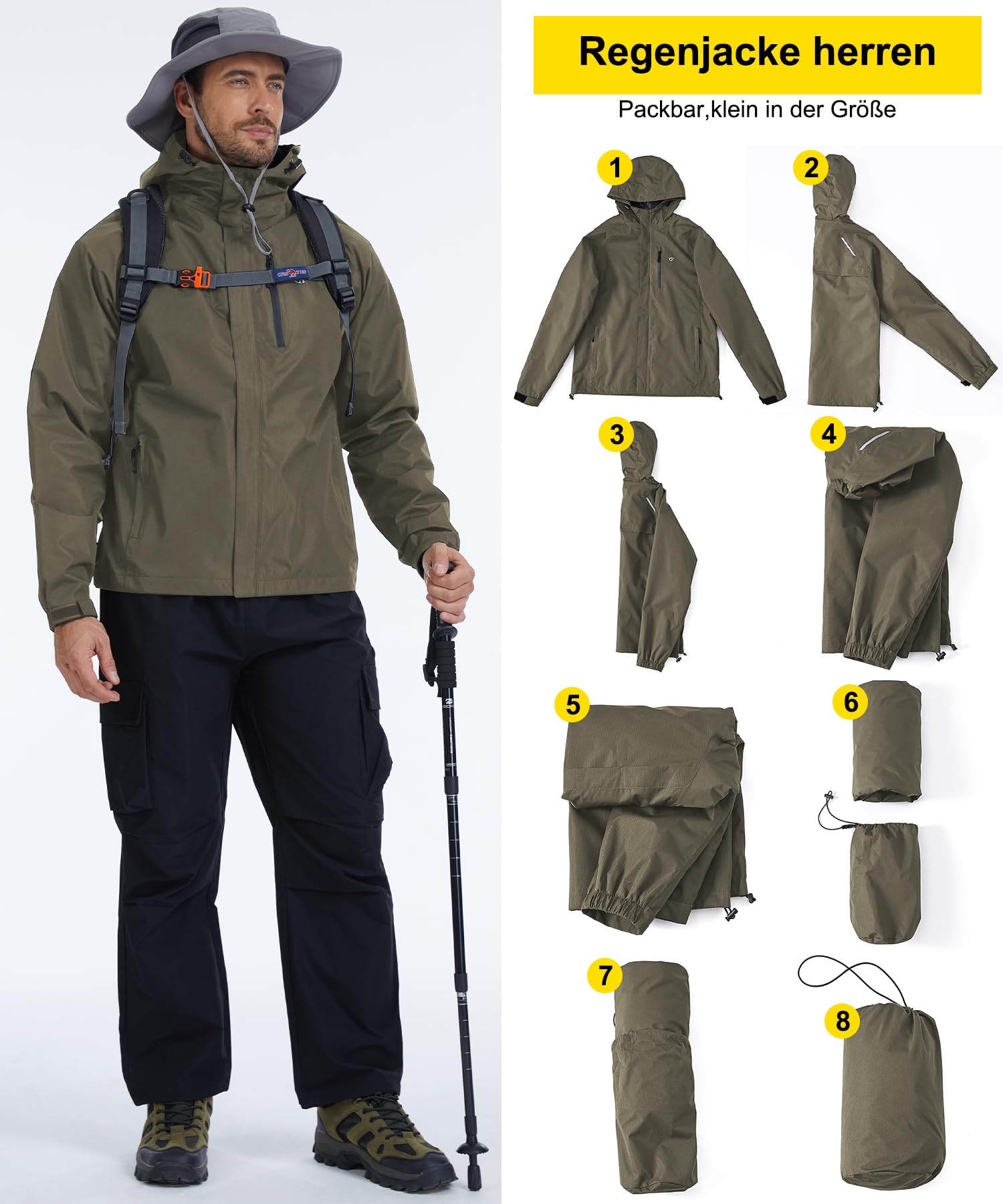 Huayuzh Chubasquero para hombre impermeable transpirable ligero cortavientos delgado impermeable plegable bicicleta camping senderismo