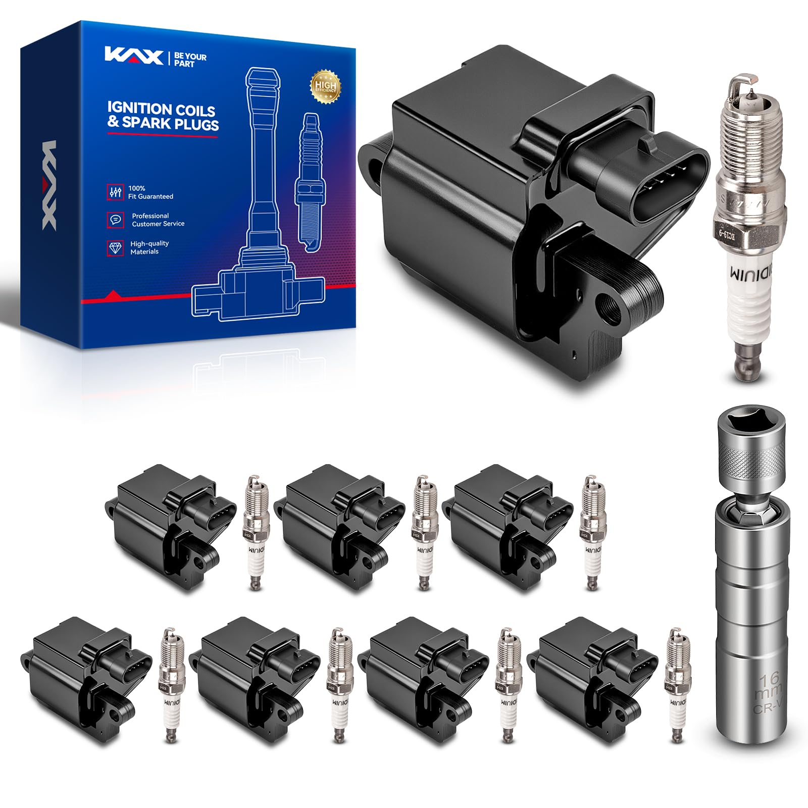 KAX 8 Ignition Coils &amp; 8 Spark Plugs Set Fit for Silverado 1500 Tahoe SSR