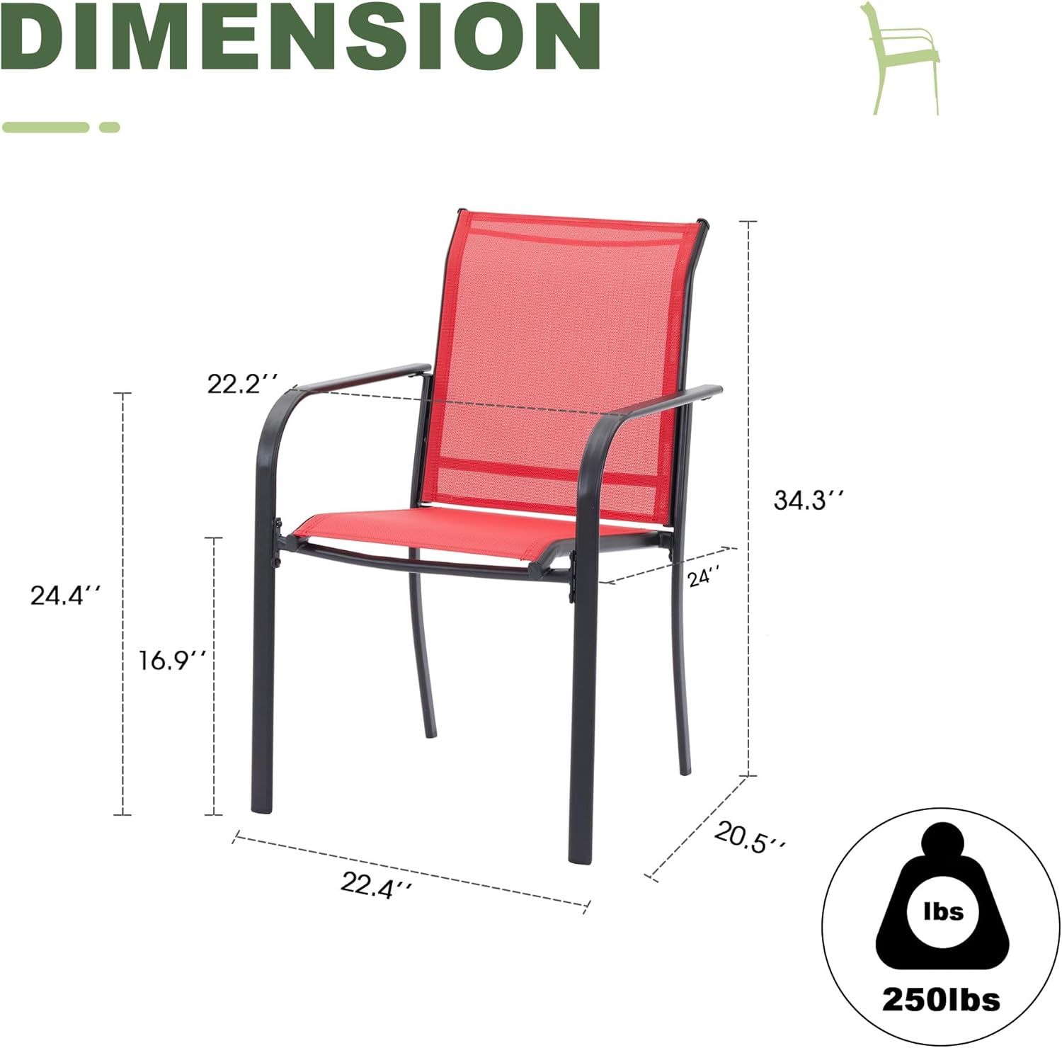 Outdoor Chairs Set of 2, Stackable Patio Dining Chairs with Metal Frame & Breathable Textilene Fabric for Porch Lawn Backyard Garden Deck, Red