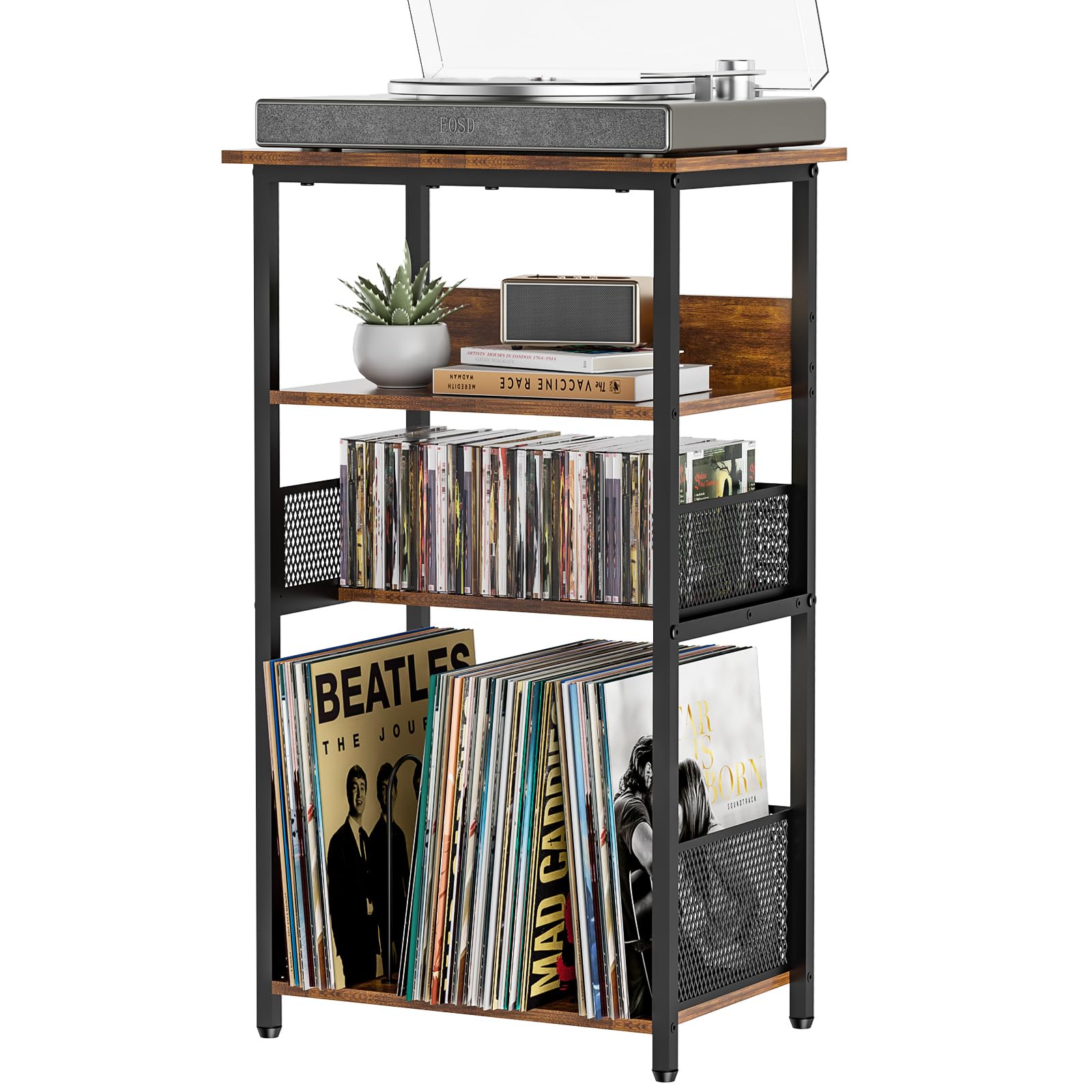 Record Player Stand with Storage Up to 100 Albums and 40 CDs, 4 Tier Vinyl Record Storage for Living Room, Turntable Stand with Record Holder & Display Shelf