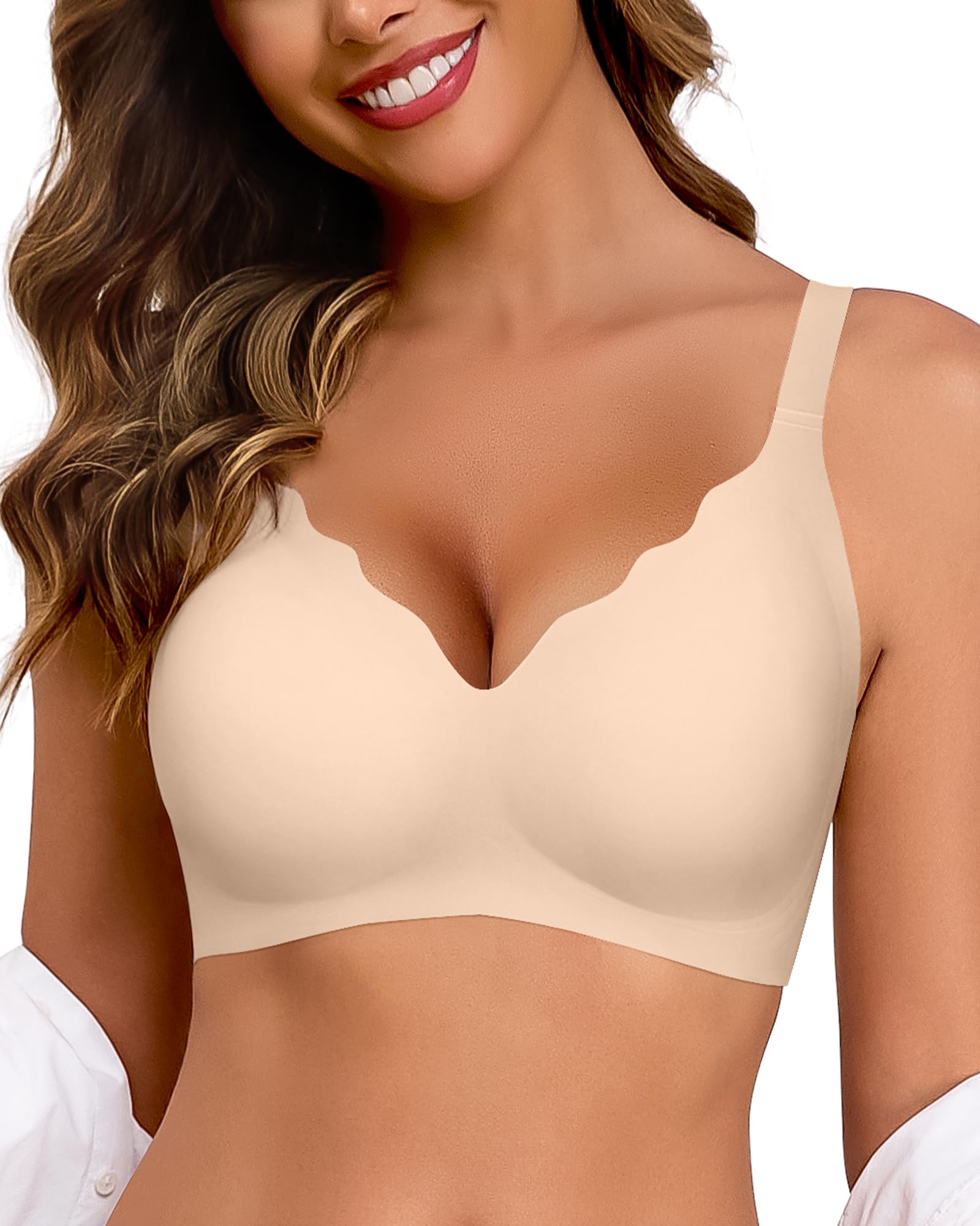 HORISUN Ohne Bügel BH für Damen, Nahtloser Bequemer V-Ausschnitt Vollständiger Bralette für Große Brüste mit Unterstützung Kein Bügel kabelloser Komfort Tshirt BHS (Cremefarben XL)