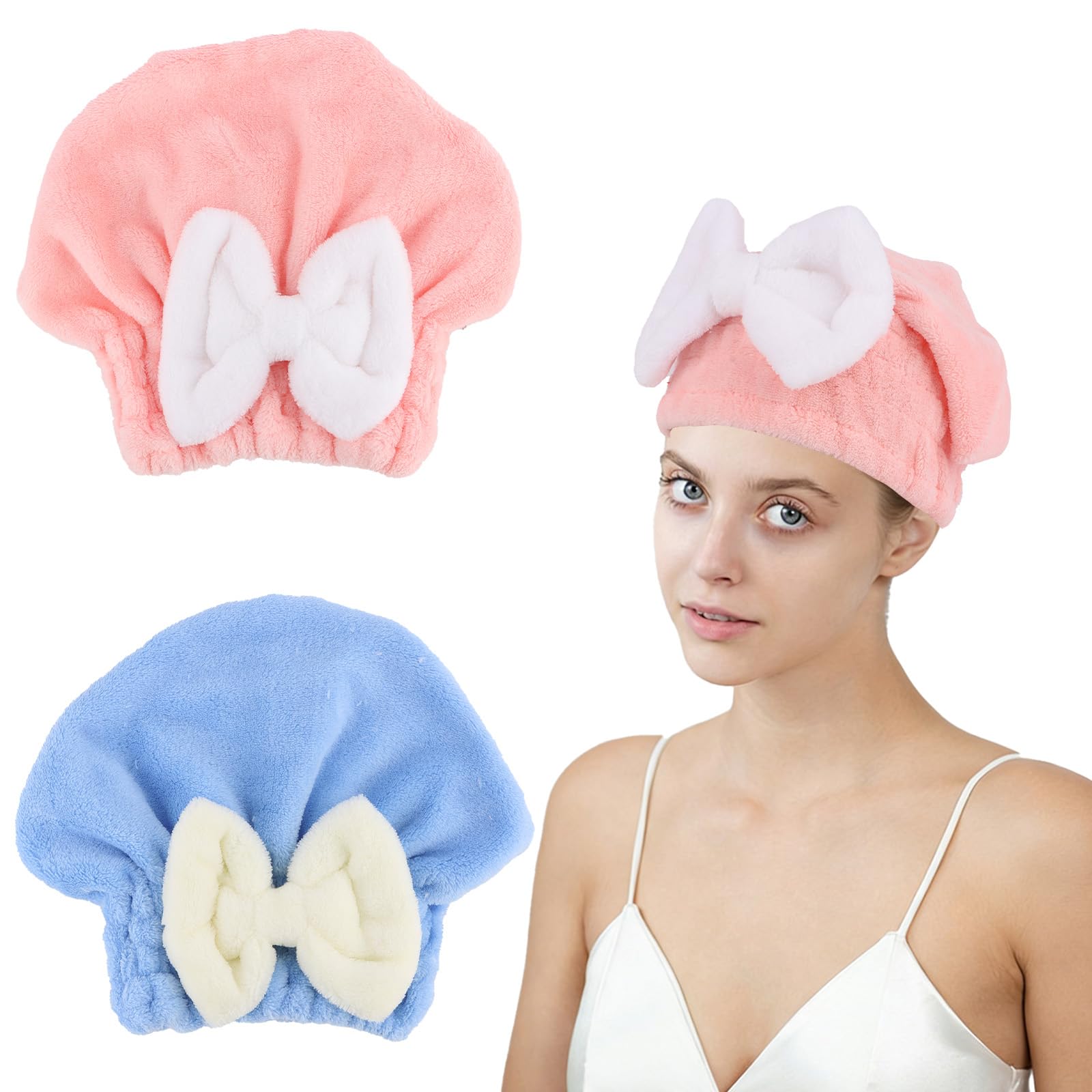 Photo 1 of KEUKORZ Microfiber Hair Drying Cap - Blue/Pink (2PCS)
