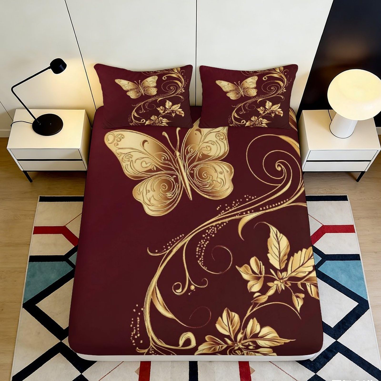 3D Printed Golden Butterfly Fitted Sheet Microfiber Soft Maroon Floral Mattress Cover for Bedroom Guest Room Decor 90x200x25cm
