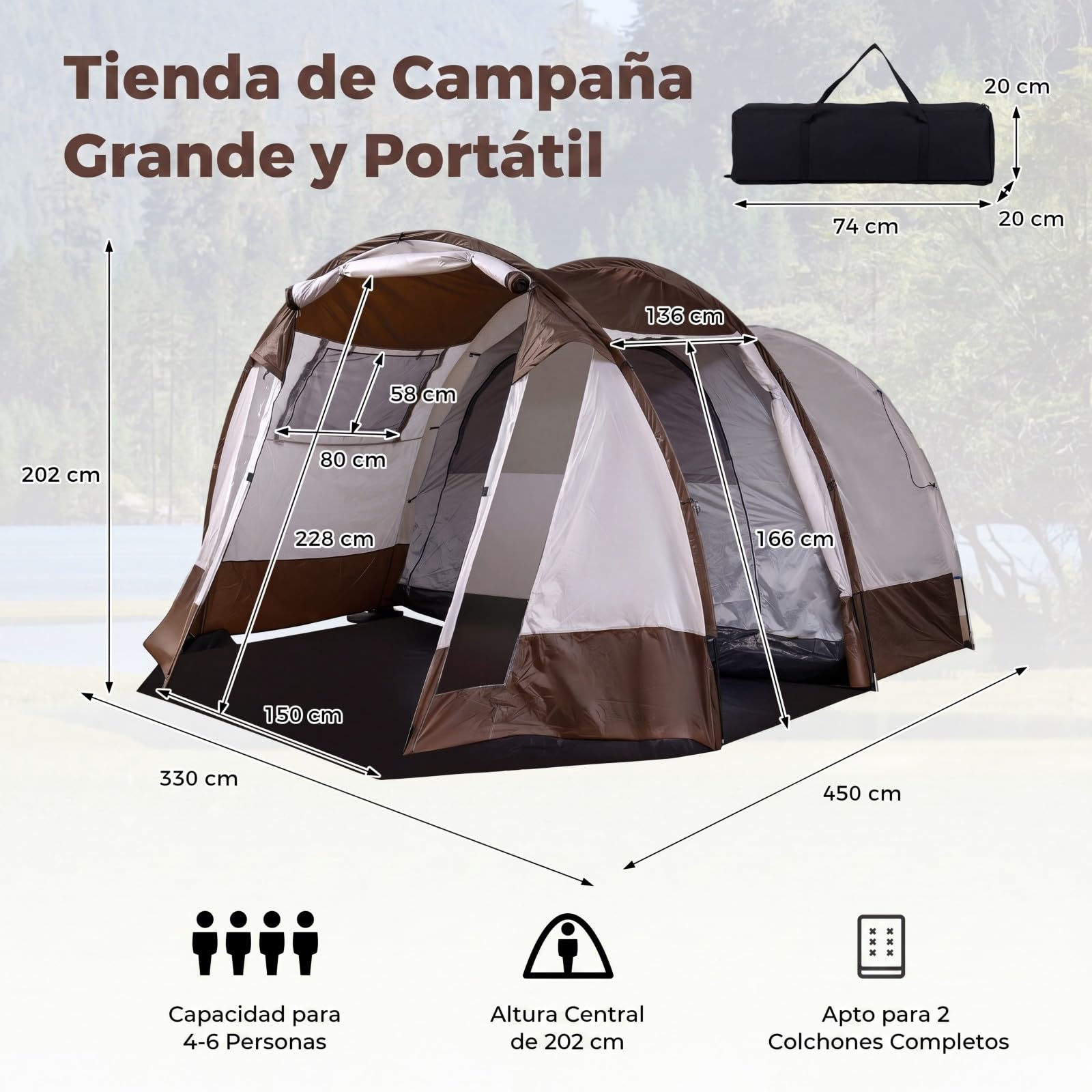 COSTWAY Tienda de Camping para 4-6 Personas, 2 Habitaciones, Tienda de Campaña Familiar Grande con Porche Delantero, 2 Puertas, Ventanas de Malla, Portátil para Picnic, 350 x 283 x 202 cm