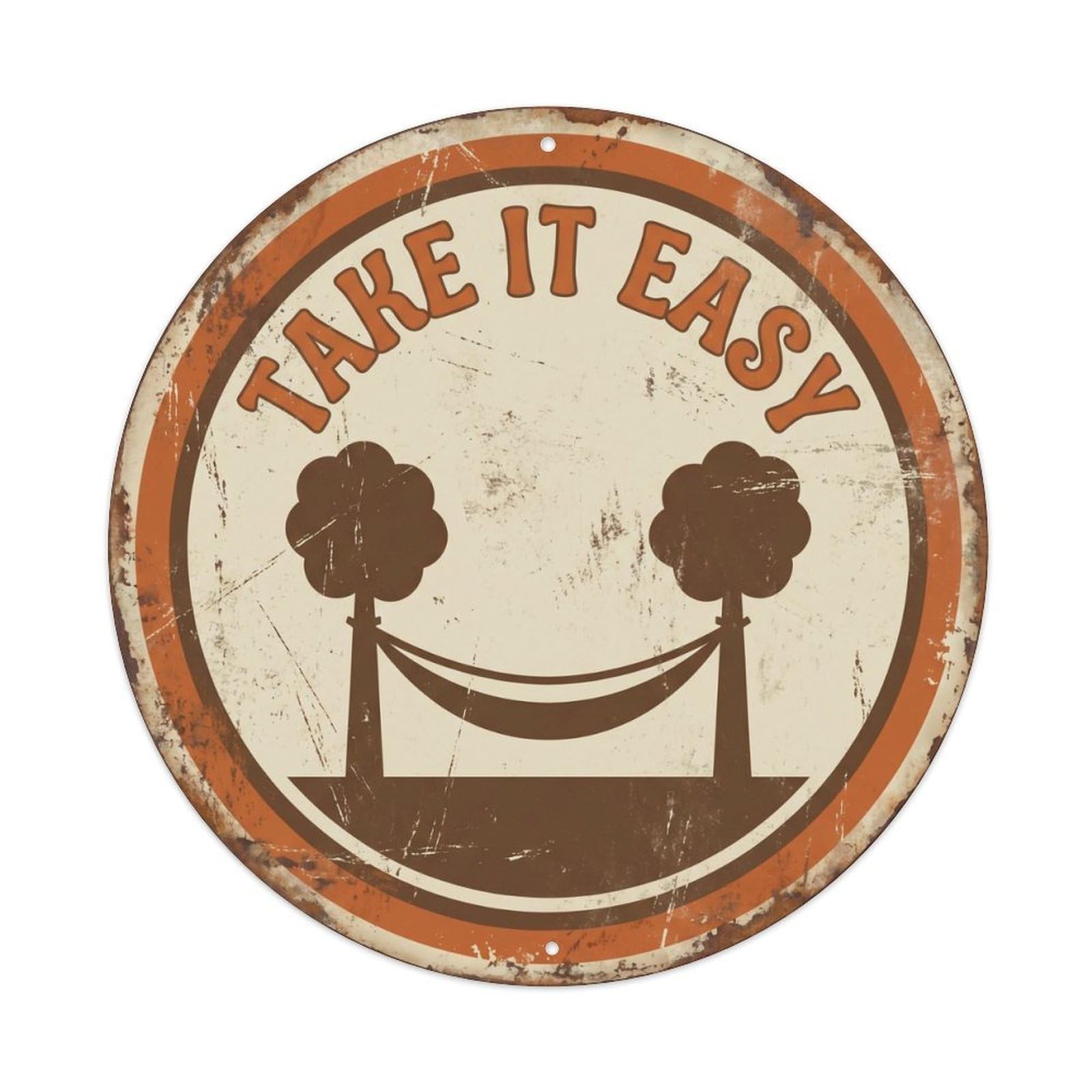 Cmhok Vintage Style Take It Easy Nostalgic Hanging Accessory Retro Slogans Metal Tin Sign Plaque Wall Decor For Cafe, Club, Garden Round Metal Poster 8X8inch