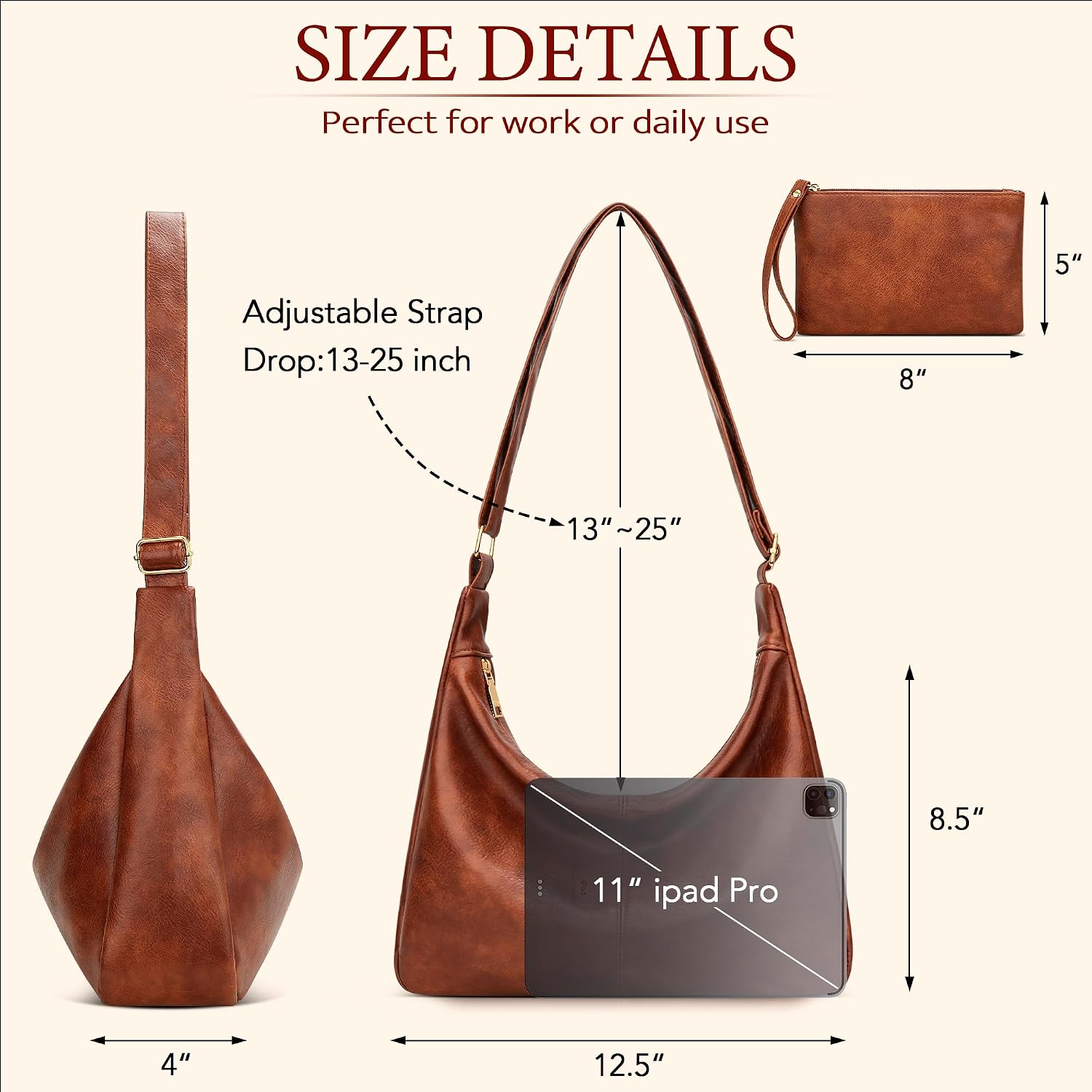 KKXIU Slouchy Hobo Bags for Women - Ultra Soft Foldable Shoulder Handbag Vegan Leather Tote Purse with Reinforced Zipper