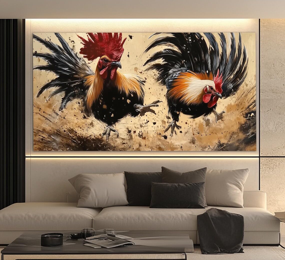 lianyibo Cockfighting druk na płótnie, walka kogutów, sztuka ścienna, plakat walki kogutów, obraz kogutów, dekoracja ścienna do salonu (50 x 75 cm x 3/rama wewnętrzna)