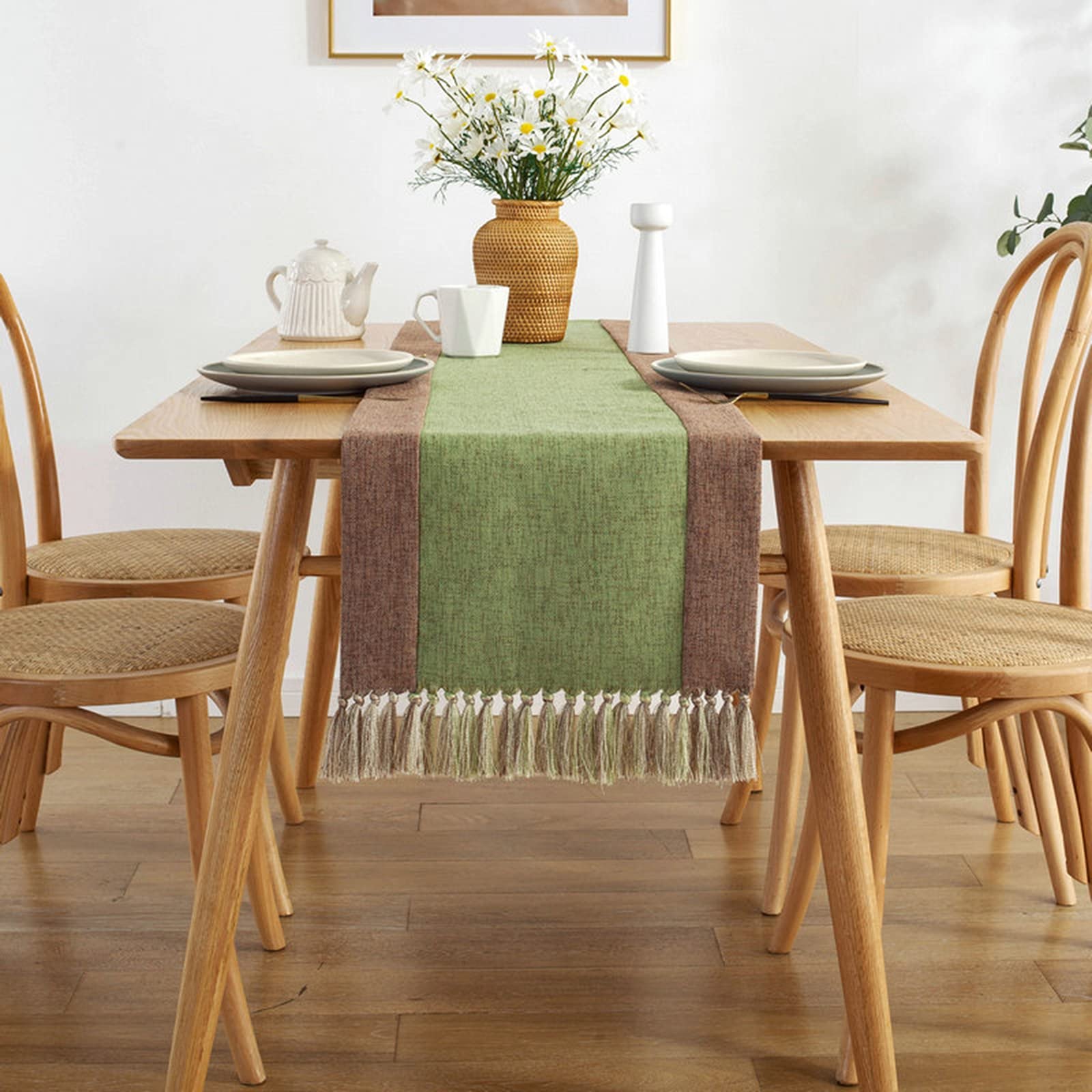 Runner Da Tavola Rustico In Tela Di Lino Verde Con Frange, 38x200 Cm, Decorazione Per Sala Da Pranzo - 4