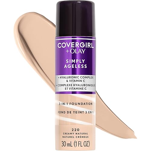 COVERGIRL & Olay Simply Ageless 3-in-1 Liquid Foundation, Matte Finish, Hyaluronic & Vitamin C Formula, 220 Creamy Natural, 1 Count