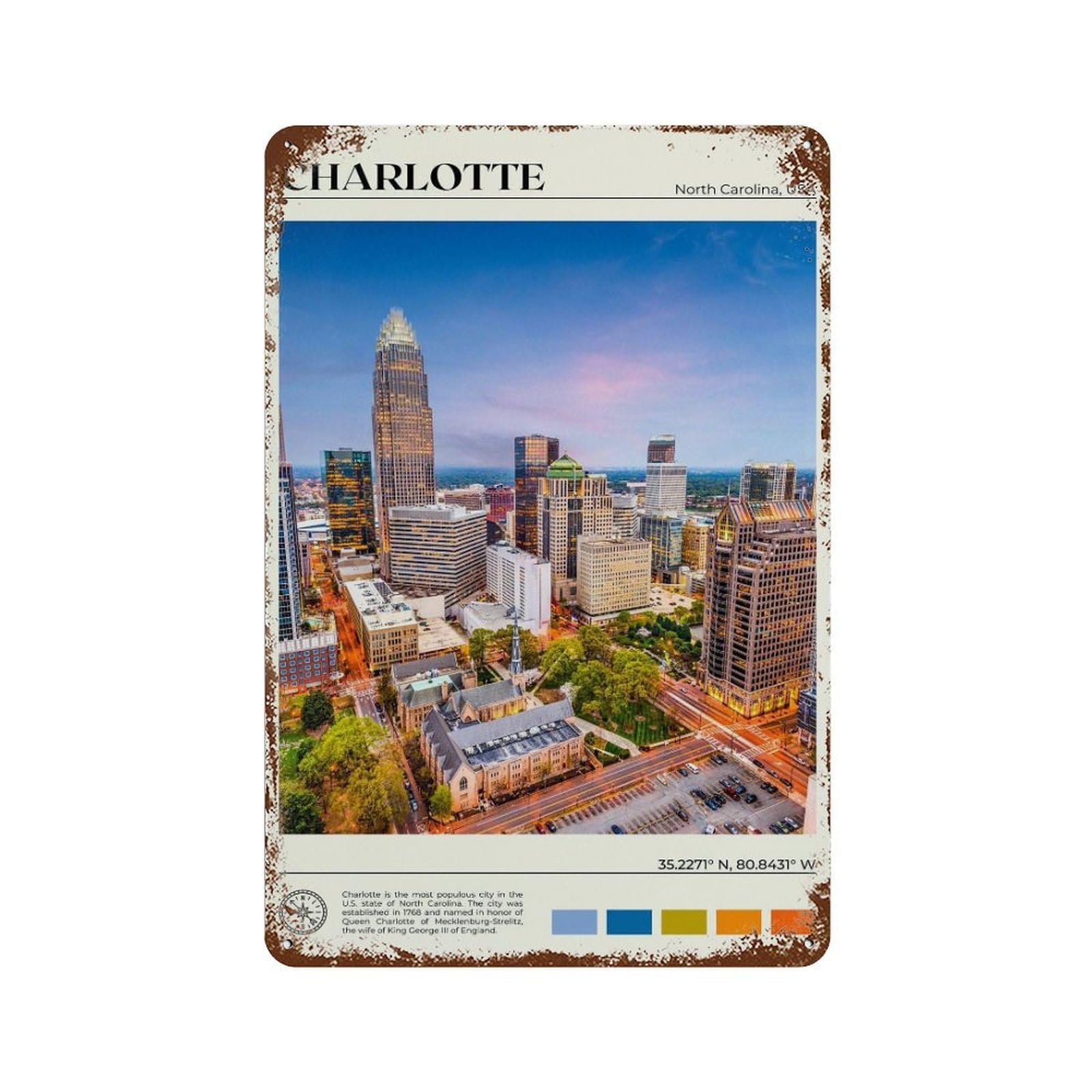xiaoxiaoshen Real Photo Charlotte North Carolina Wall Decor Art Metal Tin Poster Modern Home Decor Art Home Bar Shop Decorations Vintage Sign 30x20cm
