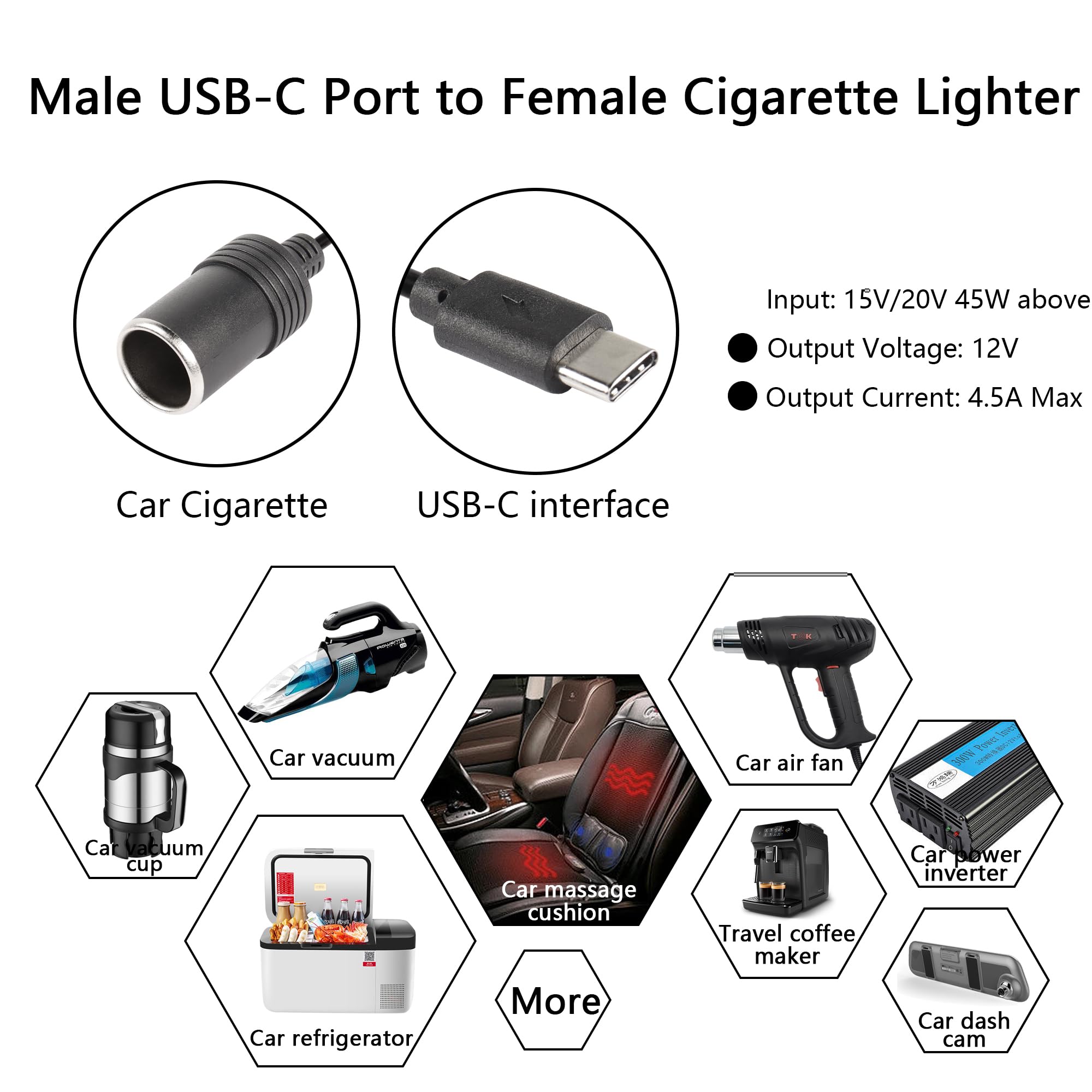 CERRXIAN 1,2 m USB C męski na 12 V adapter gniazda zapalniczki samochodowej Step Up kabel zasilający do kamery samochodowej, GPS, paski świetlne LED do samochodu (1,2 m)