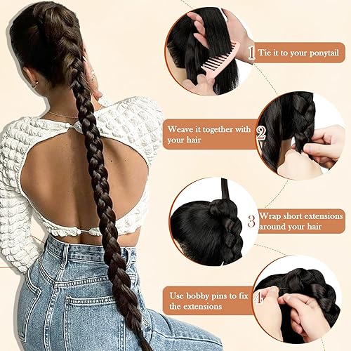 Miniatura 3 de Extensión de cola de caballo larga trenzada con banda para el cabello, color rubio ceniza, lacio, envolvente, extensiones de cabello sintético