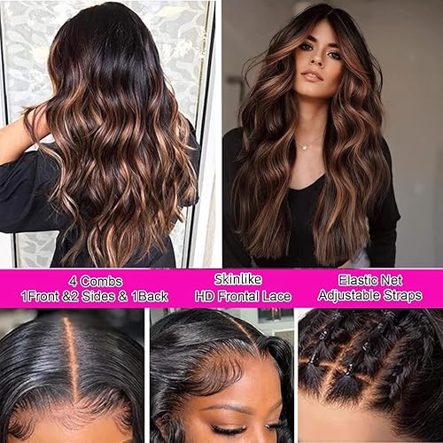 Miniatura 3 de FENJUN - Pelucas de cabello humano rubio castaño degradado 1B33#30#, color con reflejos de 20 pulgadas, cabello virgen brasileño ondulado, pelucas