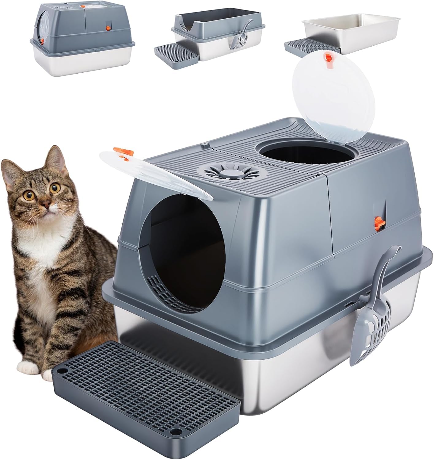 Ownpets Stainless Steel Litter Box with Lid, 180°Flip-XL Extra Large Enclosed Cat Litter Box for Easy Cleaning,Metal High Sided with Scoop & Pedal,Odor Control,Anti-Leakage, Non-Sticky