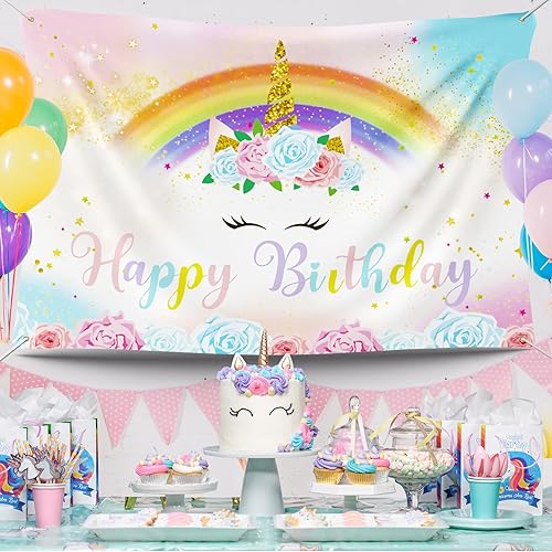 Miniatura 2 de HiParty Cartel de fondo de cumpleaños de unicornio de decoraciones de fiesta de feliz cumpleaños para niñas y mujeres, princesa, acuarela, floral,