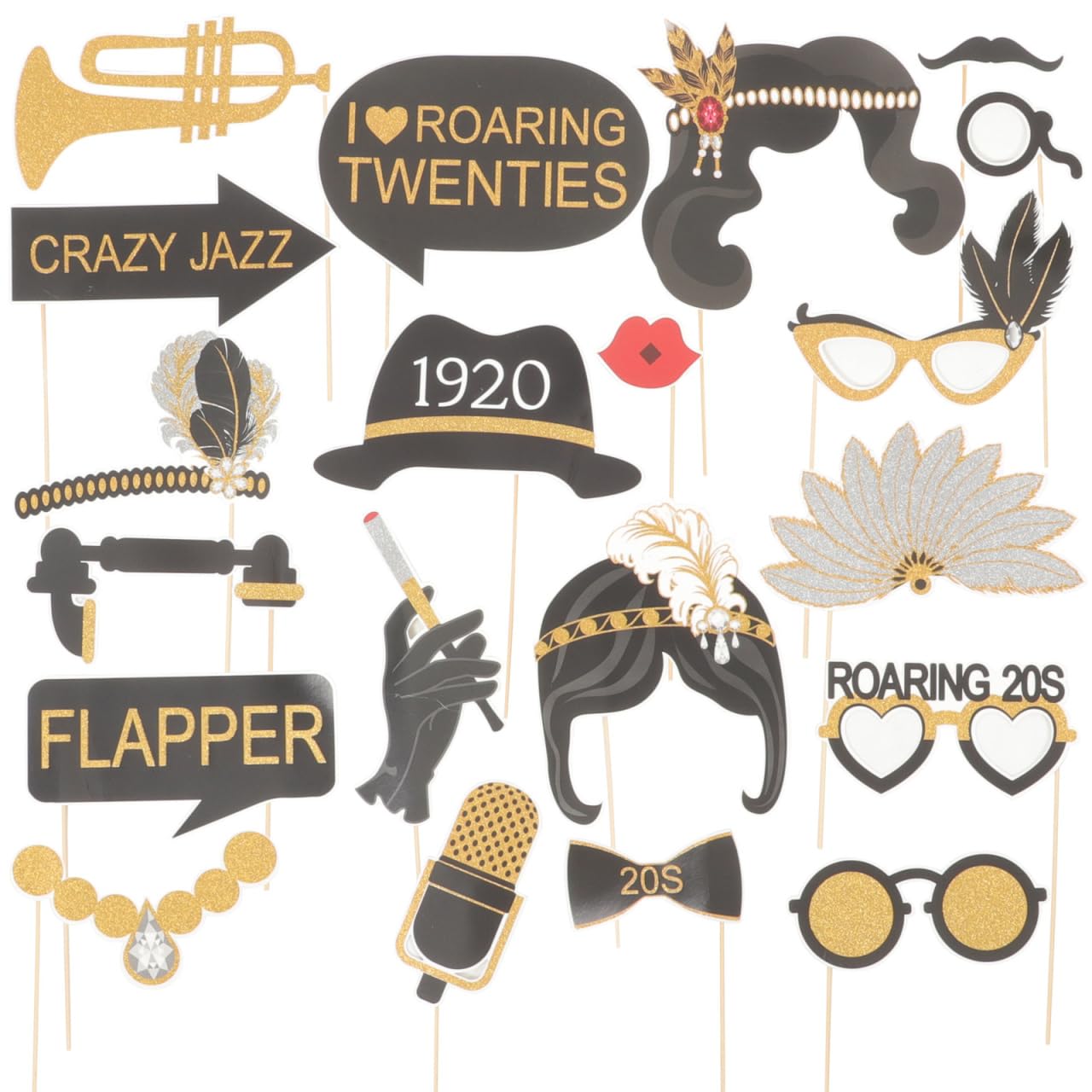 Amosfun Black, Gold 20Pcs Party Photo Booth Props 1920S Party Photo Posing Props Glitter Funny Booth S Diy Birthday S For Weddings Valentine's Day Supplies Decoration