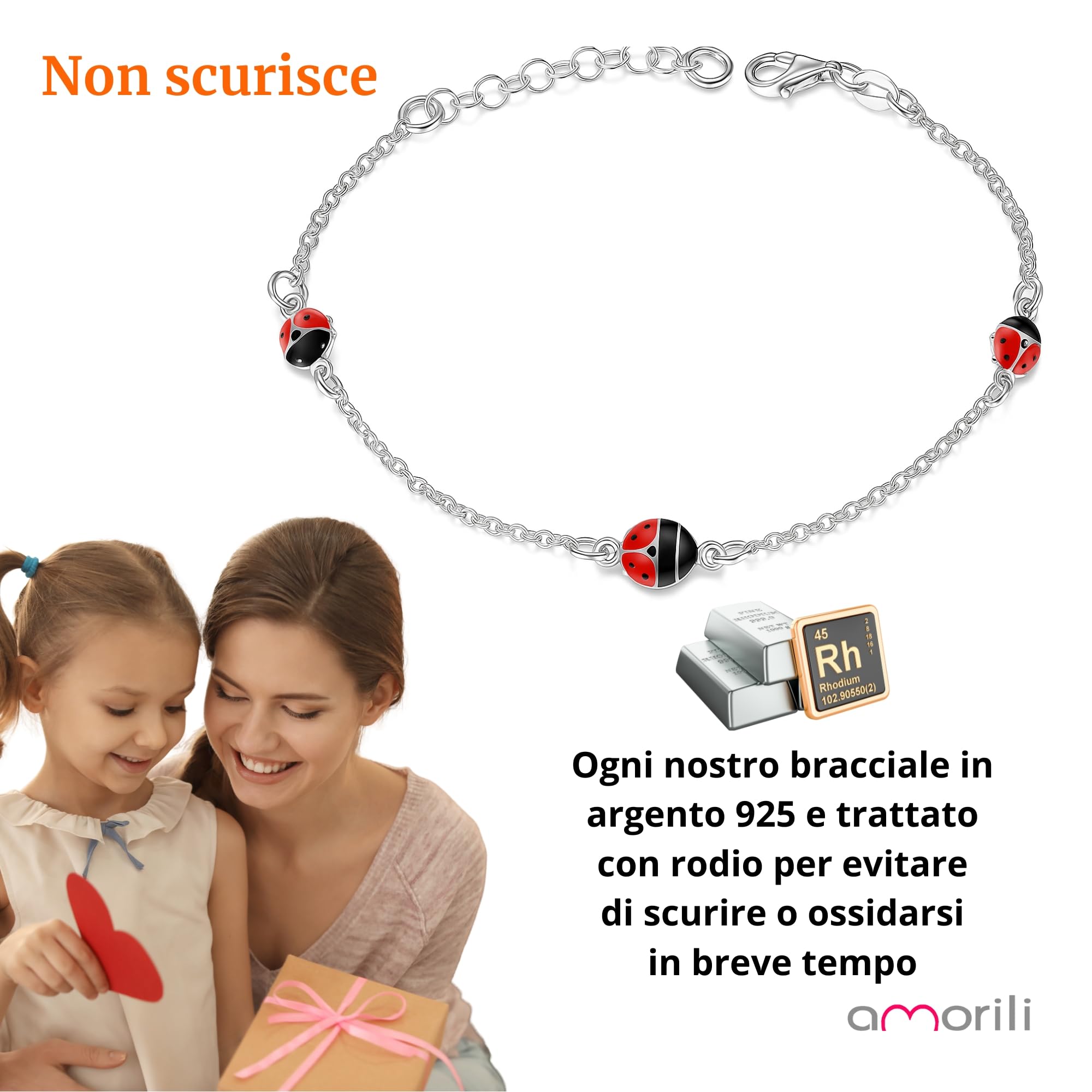 Bracciale Coccinella in Argento 925 per Bambina – Braccialetto Regolabile Portafortuna – Gioiello Ragazza – Idea Regalo Bambine – Confezione Regalo Inclusa