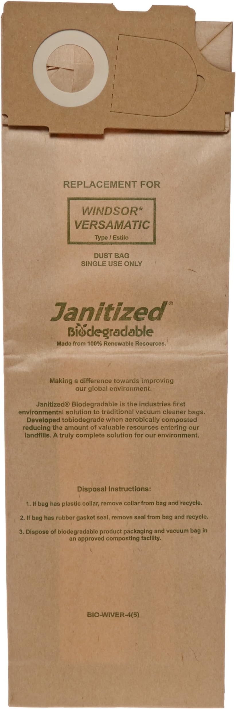 Janitized COM-Wiver-4(5) Compostable Paper Premium Replacement Commercial Vacuum Bag for Windsor Versamatic, Karcher/Tornado Models: CW50 & CW100, Triple S Prosense II Vacuums (Pack of 50)