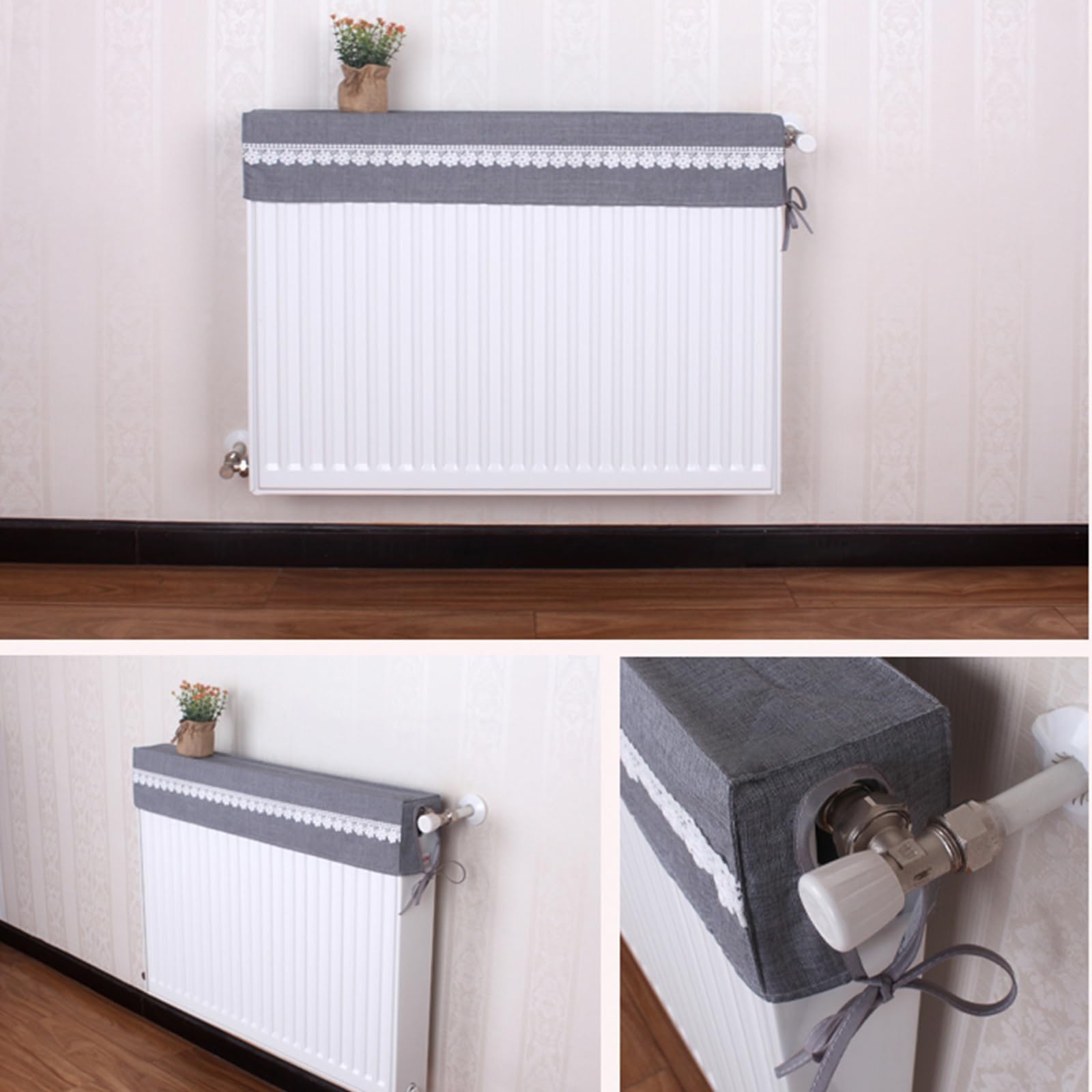 Copritermosifone Stoffa con Pizzo, 2 Pezzi, Protezione Antipolvere per Radiatori In Morbido Tessuto Misto, Copri Termosifone per La Casa, 12 Misure(Gray,60cm/24in)